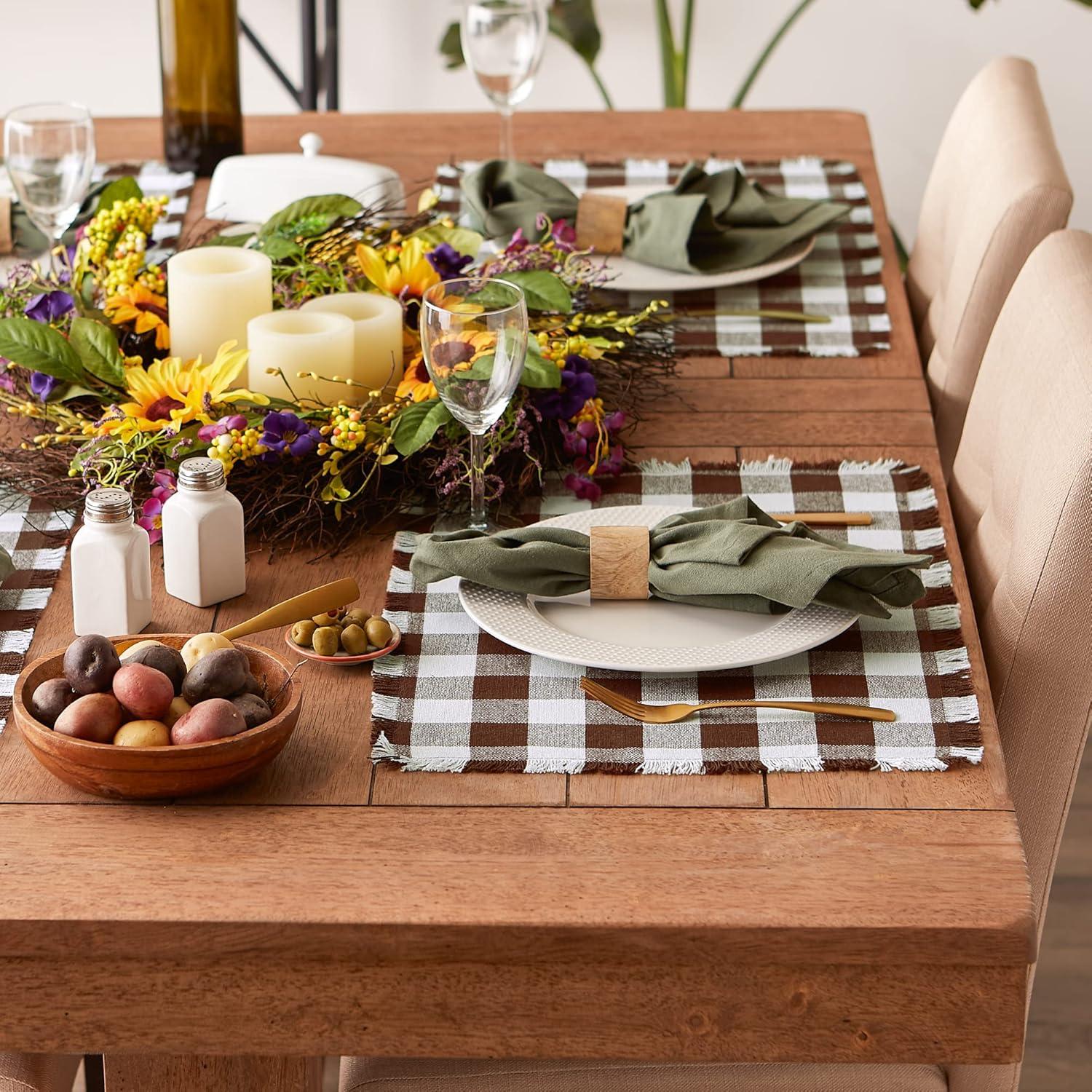 Bark Brown and White Checkered Cotton Placemats, Set of 6