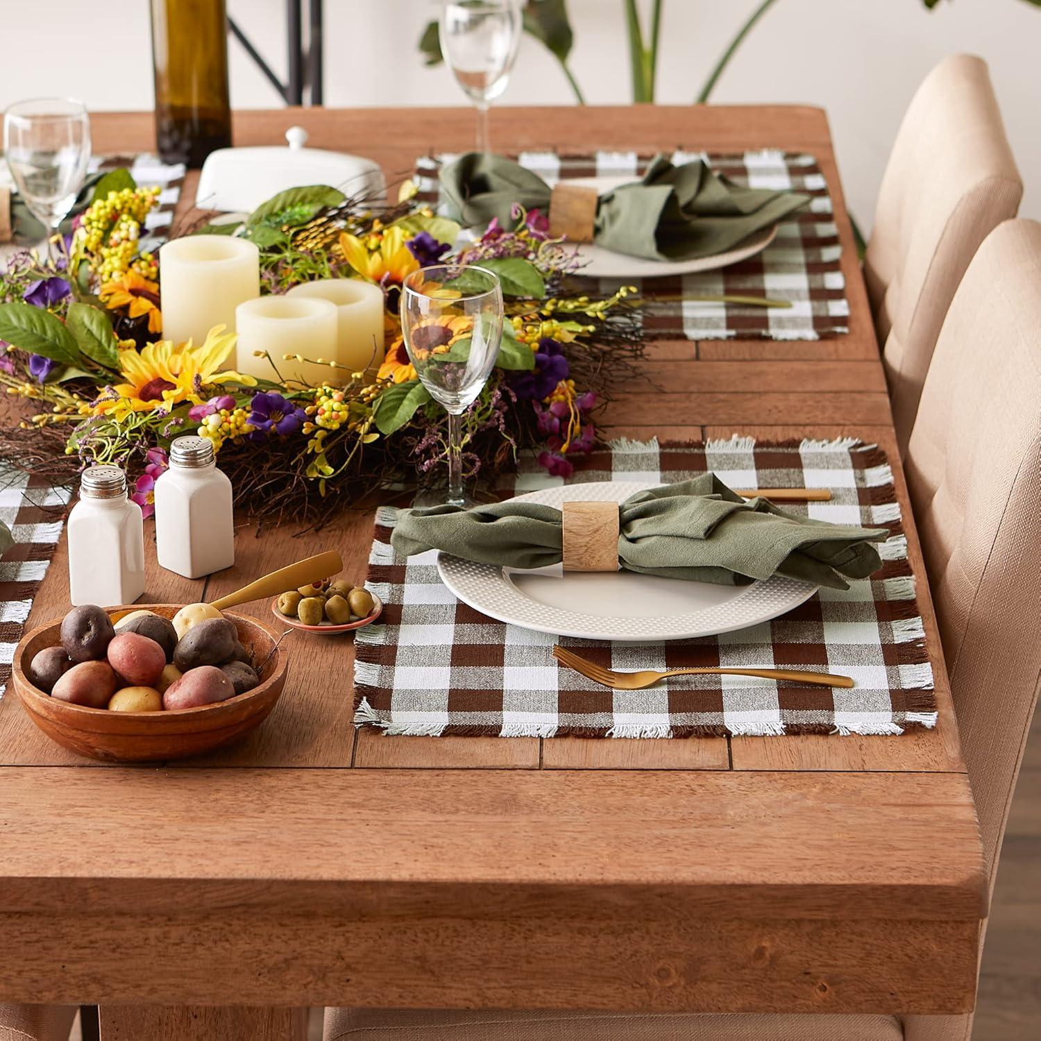 Design Imports Bark Brown Heavyweight Check Fringed Placemat Set/6