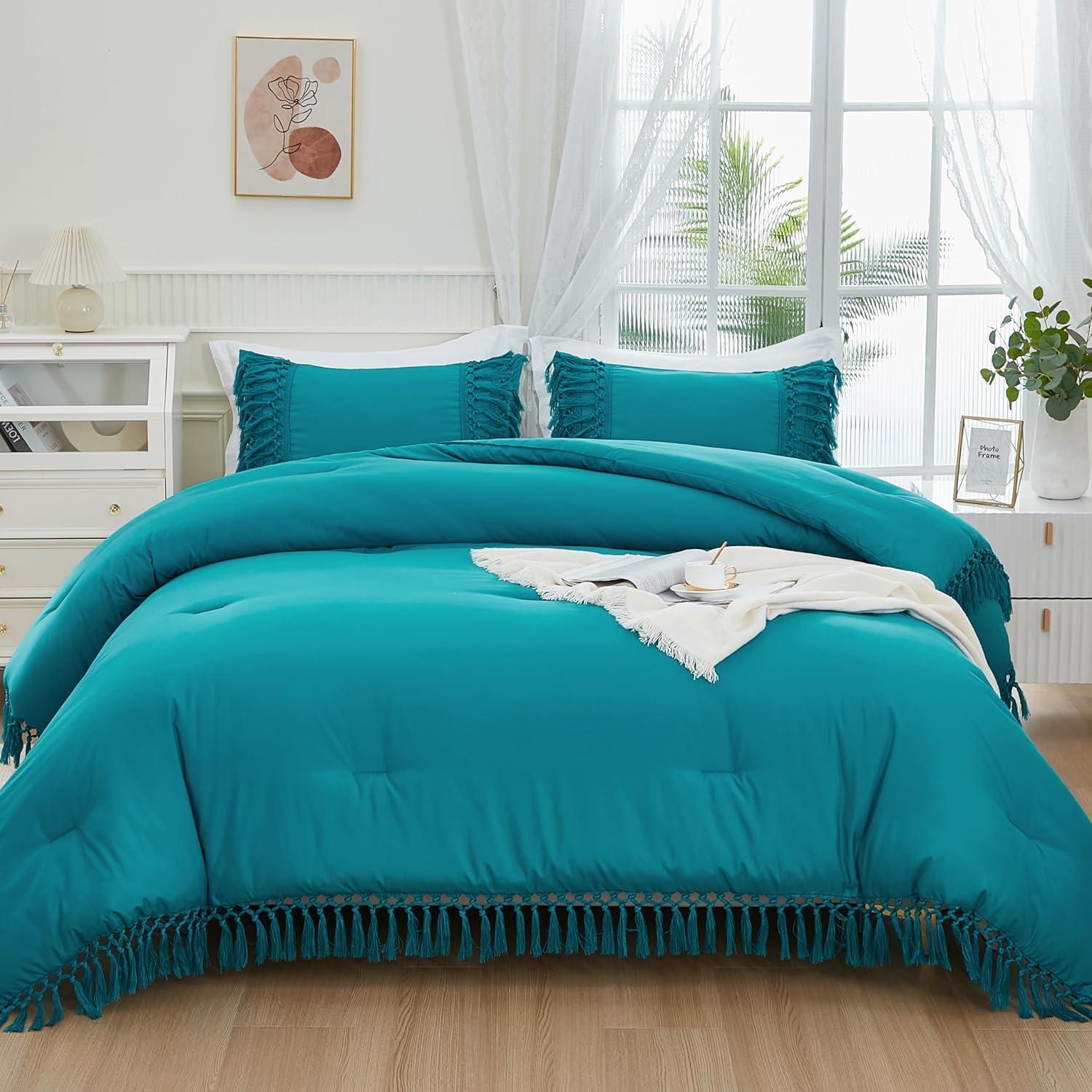 Turquoise King Boho Tassel Comforter Set with Pillowcases