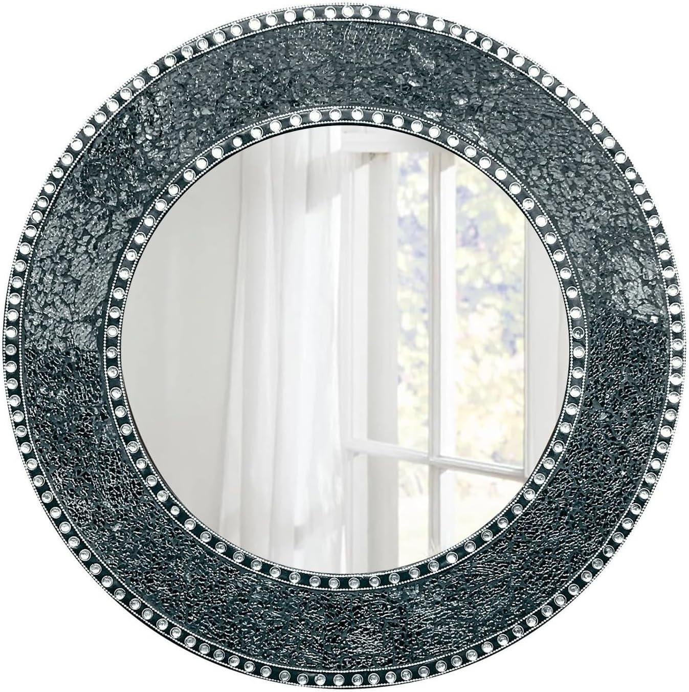 24-Inch Black Crackled Glass Mosaic Round Wall Mirror