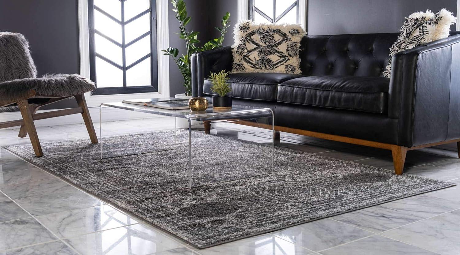 Dark Gray Rectangular Synthetic Low Pile Area Rug