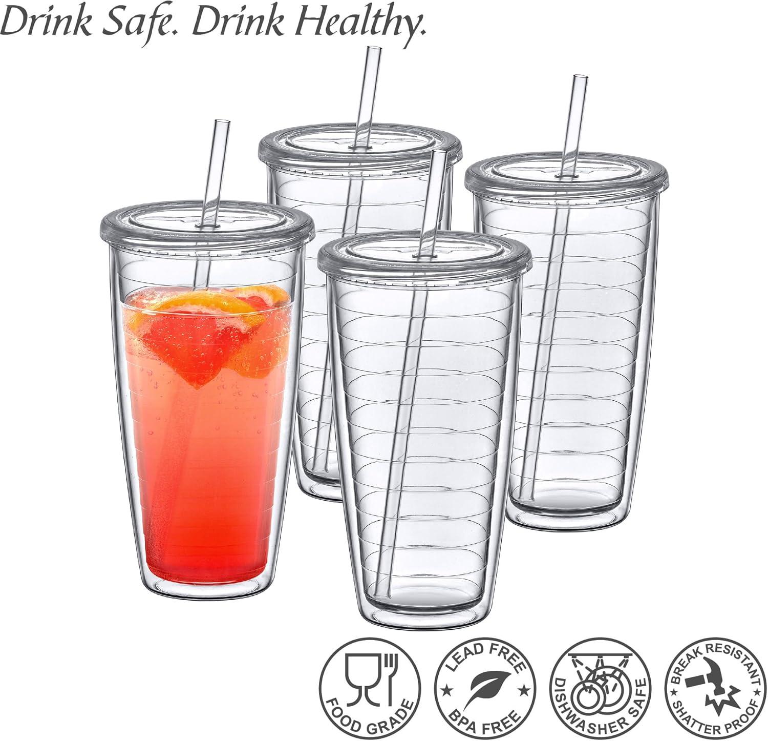 Amazing Abby - Alaska - 24-Ounce Insulated Plastic Tumblers (Set of 4), Double-Wall Plastic Drinking Glasses, All-Clear Reusable Plastic Cups, BPA-Free, Shatter-Proof, Dishwasher-Safe