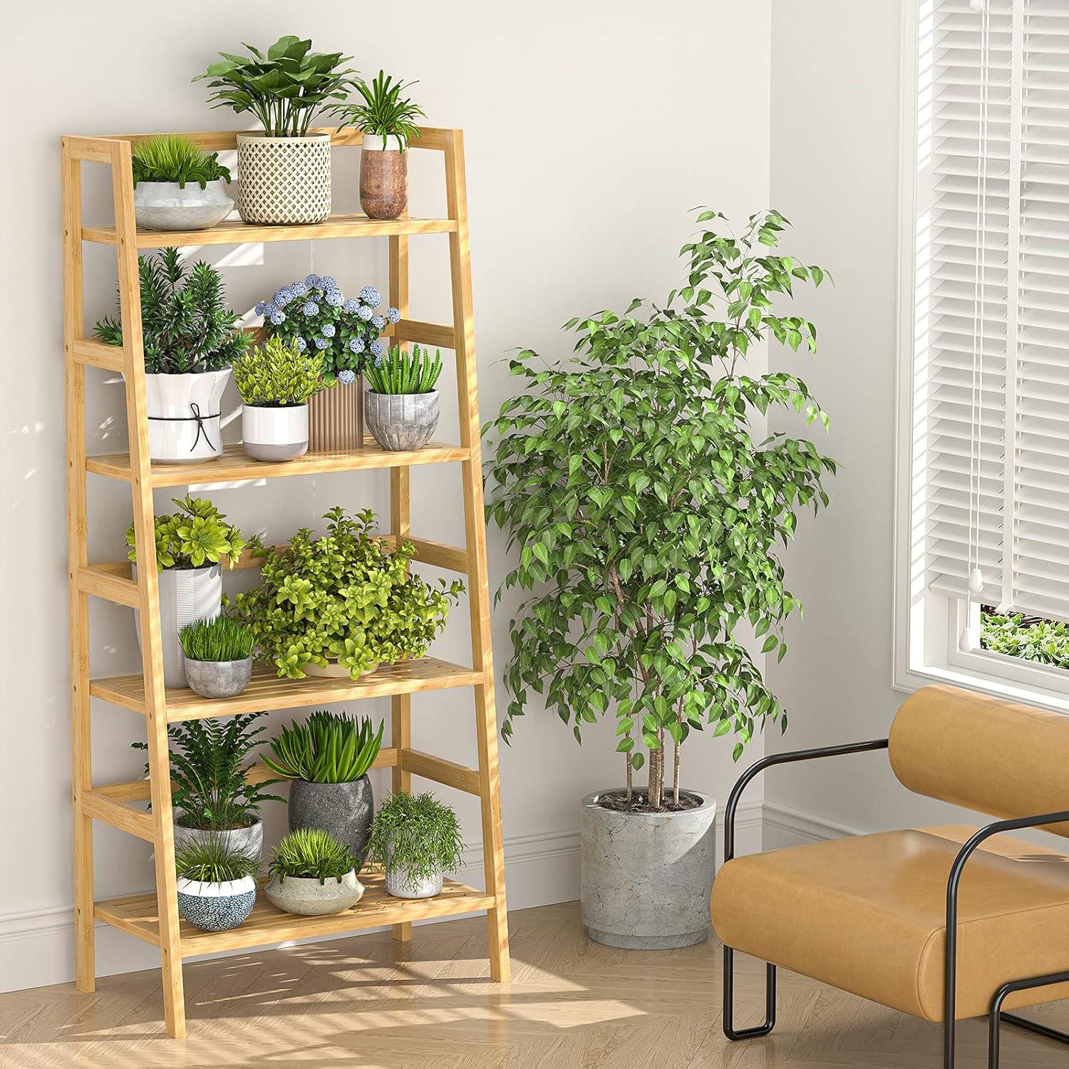 Natural Bamboo 4-Tier Ladder Shelf for Books and Plants