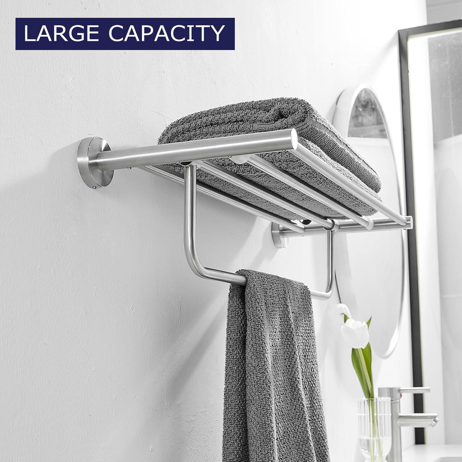 Bathroom Towel Rack，Stainless Steel Towel Shelf with Towel Bar 24-Inch Towel Holder for Bathroom Wall Mounted Towel Storage Organizer for Bathroom & Lavatory（Brushed Silver）