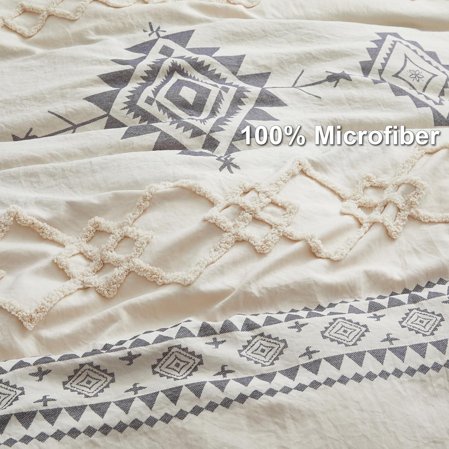Oli Anderson Boho Duvet Cover Set Queen Size, Beige and Gray Color Clash 3 Pieces Microfiber Bedding Set, Durable and Super Soft Duvet Covers with Zipper and Ties, 90"*90"