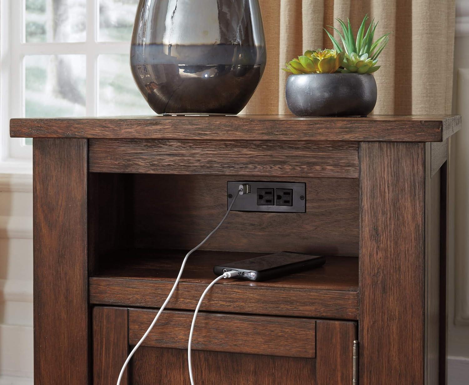 Budmore Rustic Brown Rectangular End Table with USB Ports