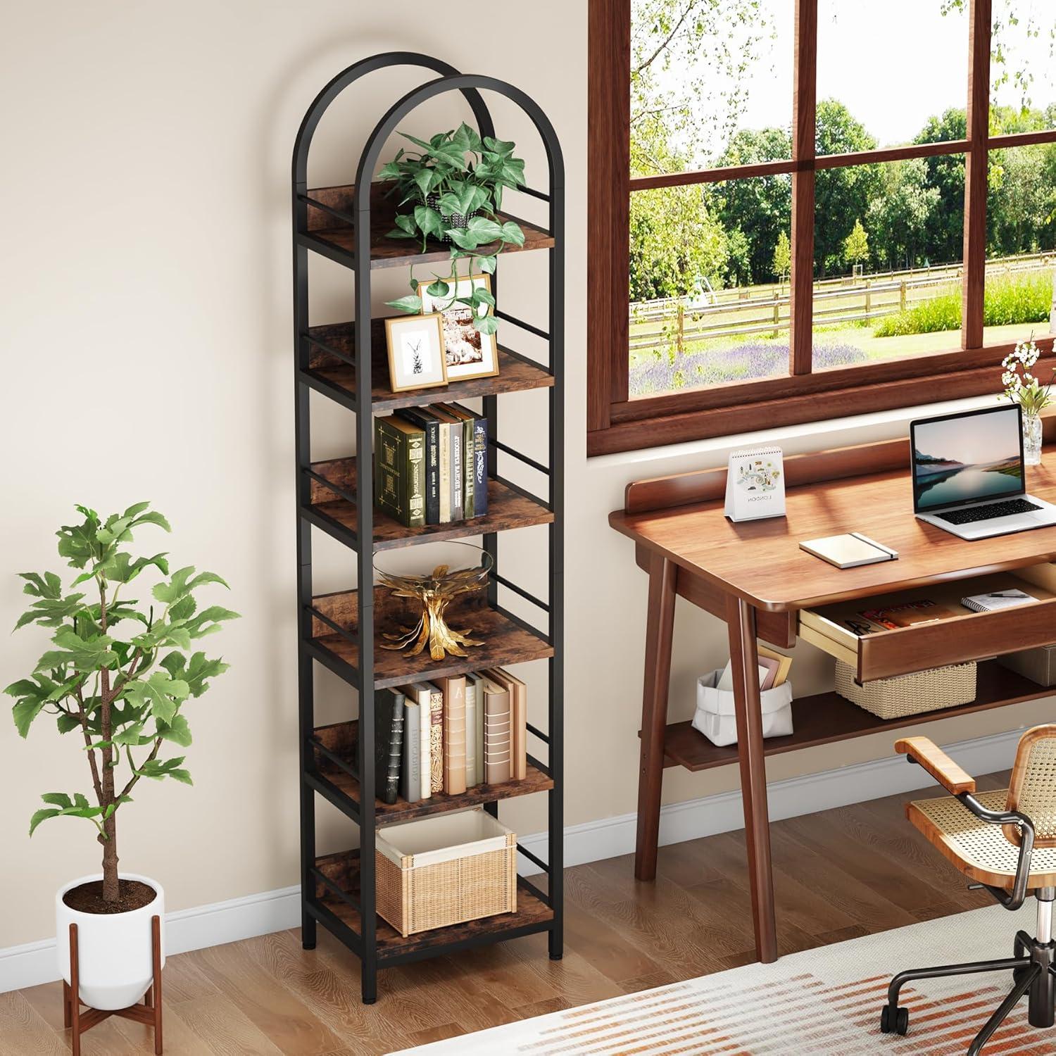 Rustic Brown 6-Tier Arched Metal Frame Bookshelf