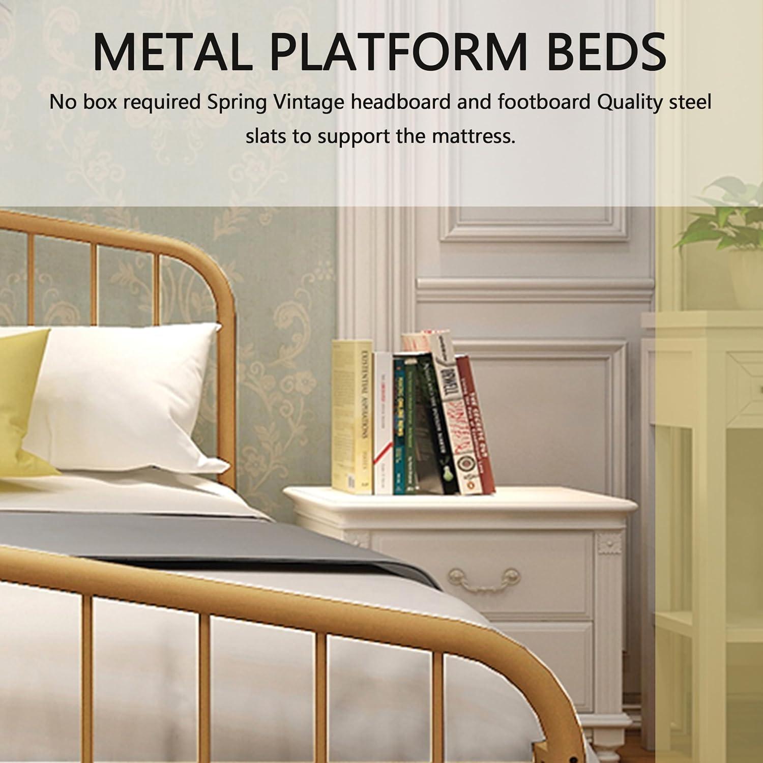 alazyhome Metal Bed Frame Full Size Platform No Box Spring Needed with Vintage Headboard and Footboard Premium Steel Slat Support Mattress Foundation Gold