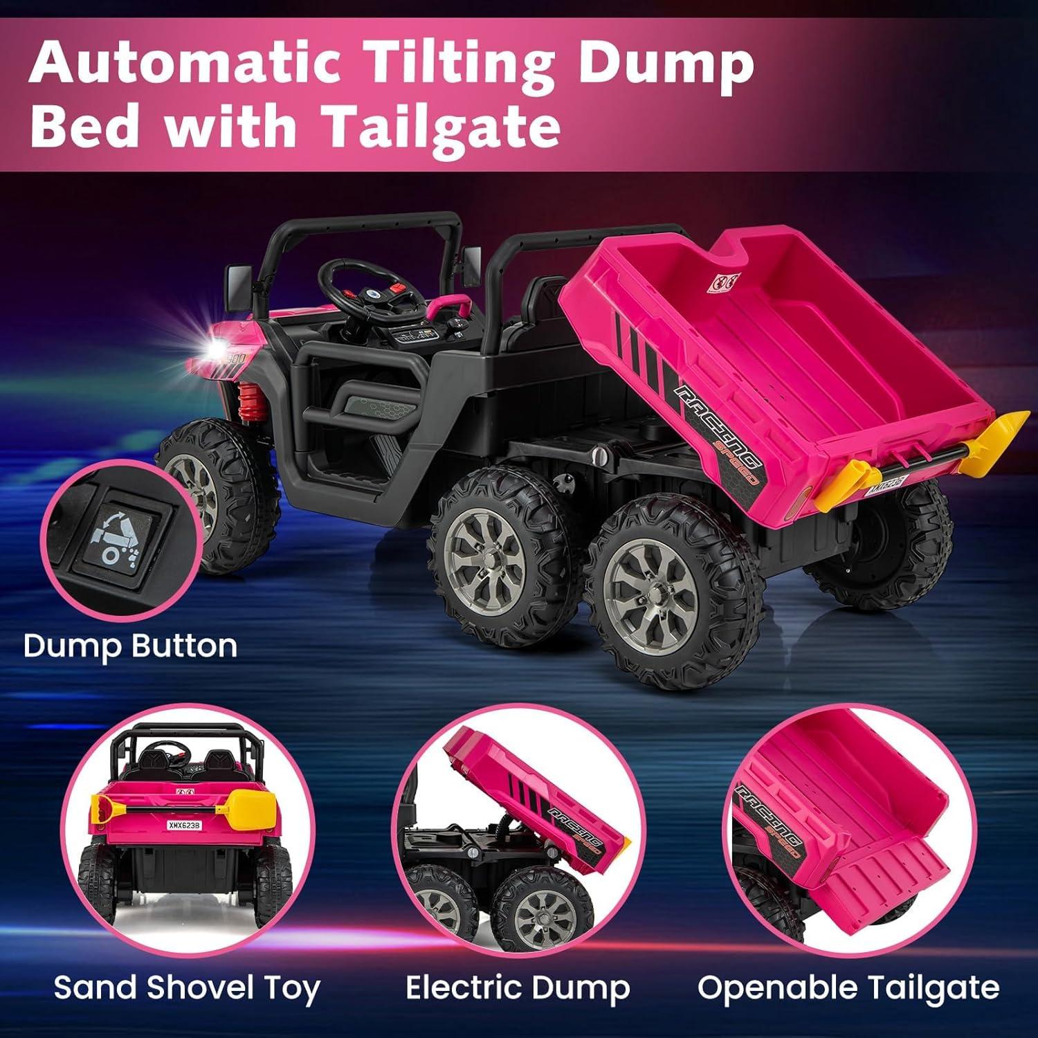 24V Kids Ride on Dump Truck with Remote Control, 2 Seater Powered 4-Wheel UTV Toys, 2x200W Ride on Tractor Car w/ Electric Dump Bed, Shovel, Bluetooth Music, Pink