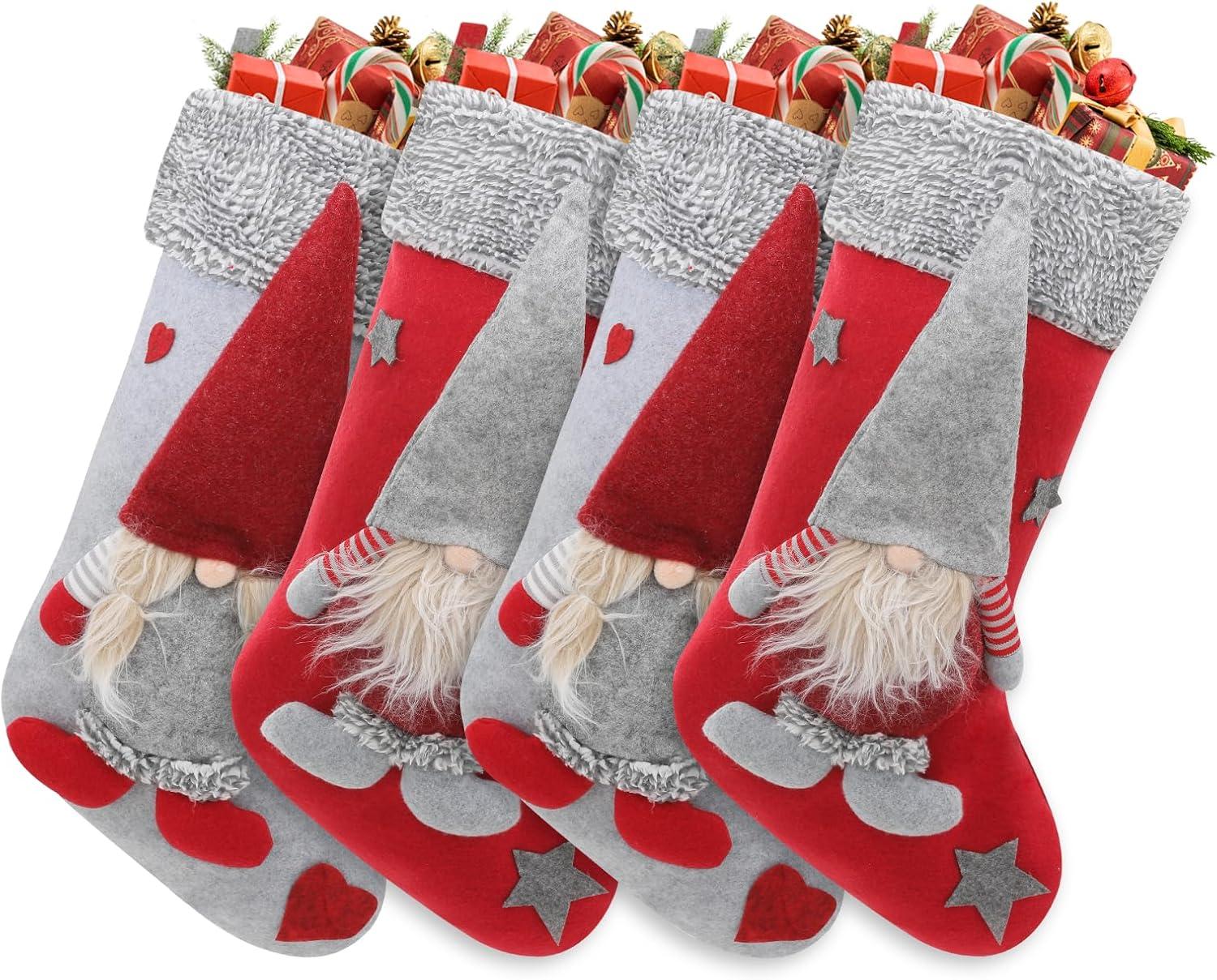 Magshion 4 pack 3D Christmas Stockings with Whimsical 3D Santa Characters, Classic Red and Grey Fireplace Hanging for Family Holiday Xmas Party Decorations