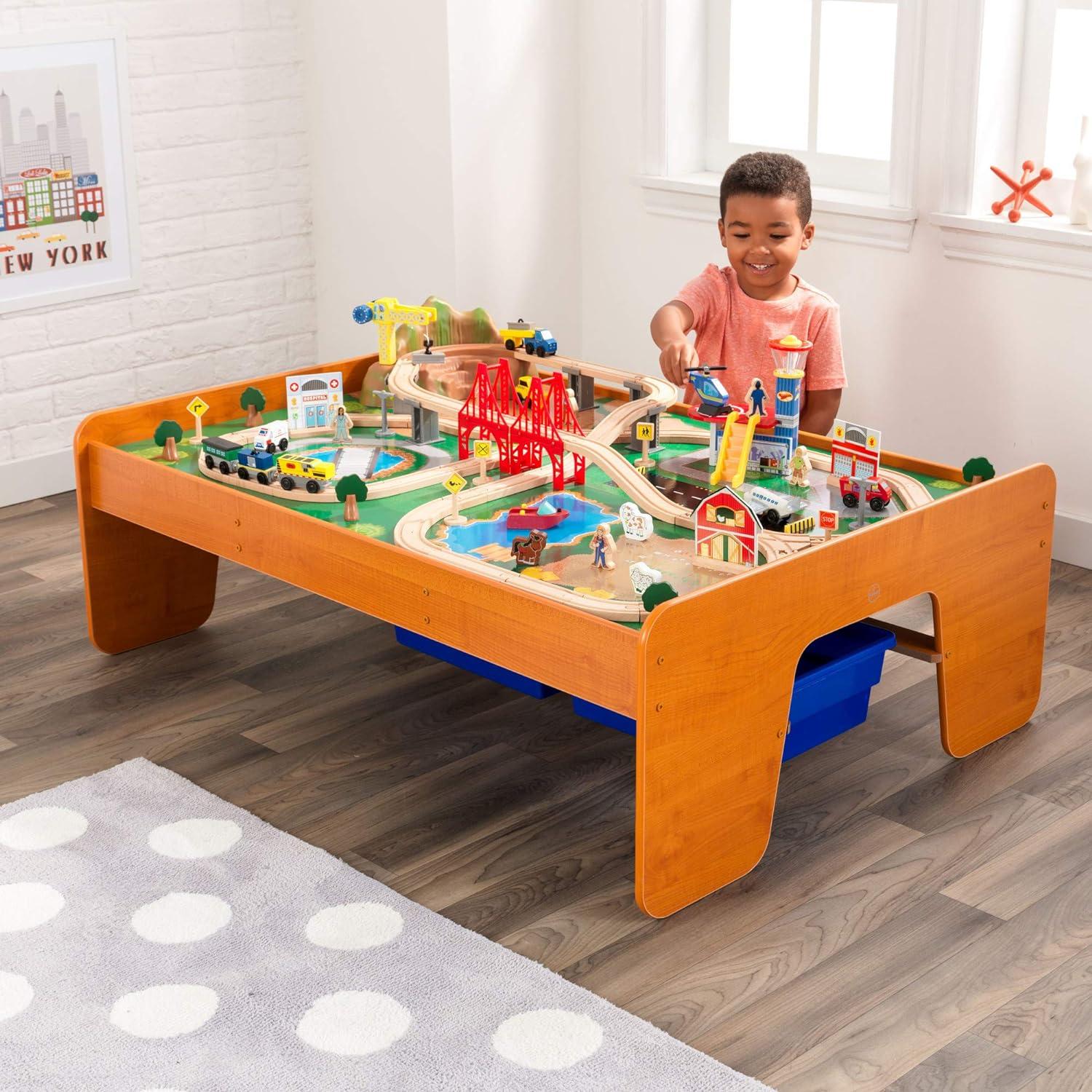 KidKraft Ride Around Town Wooden Train Set And Table With Storage Bins And 100 Pieces, Honey