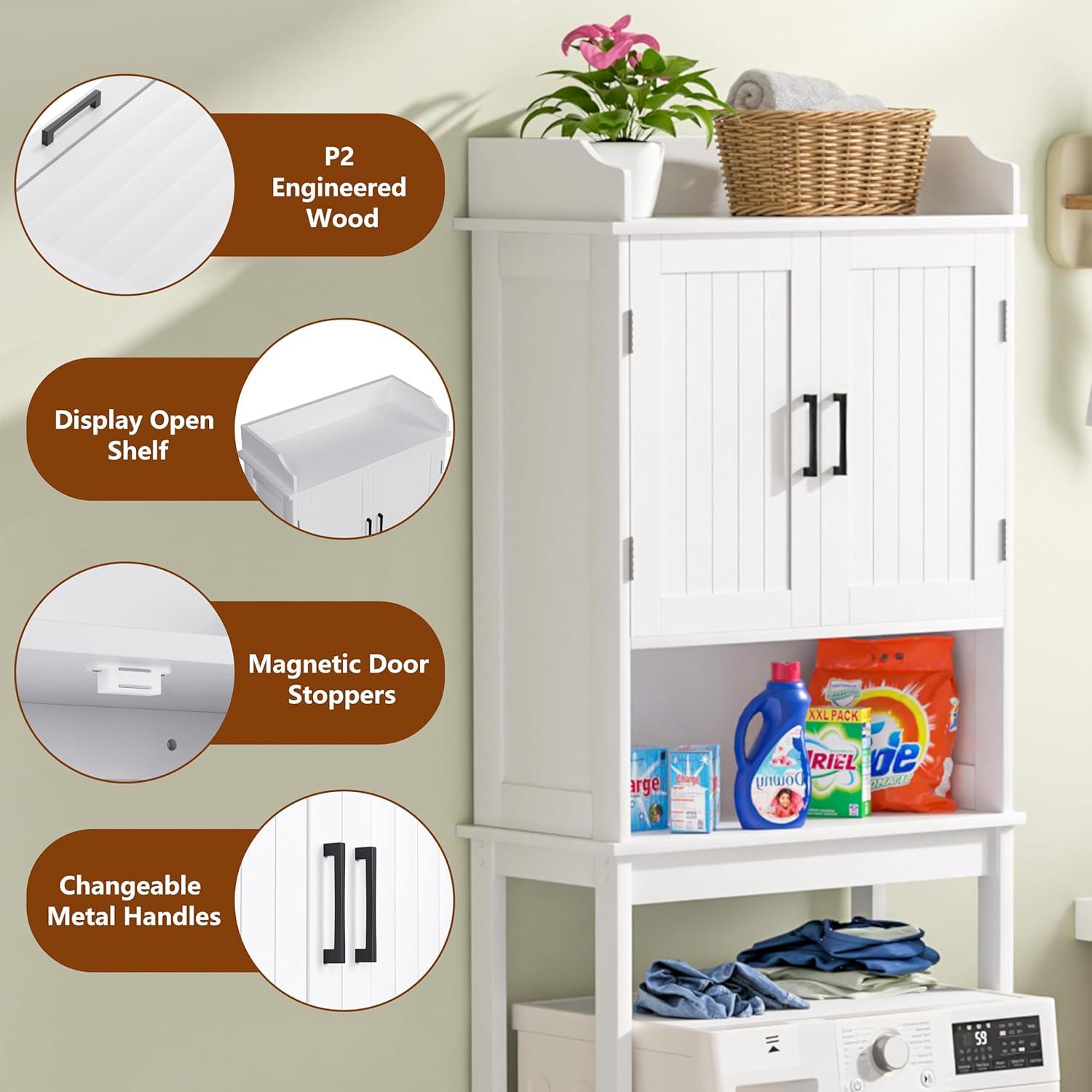 MUPATER Bathroom 67" Storage Cabinet Organizer with Shelves and Doors, Small Freestanding Toilet Shelf Space Saver with Anti-Tip Design and Adjustable Bottom Bar, White