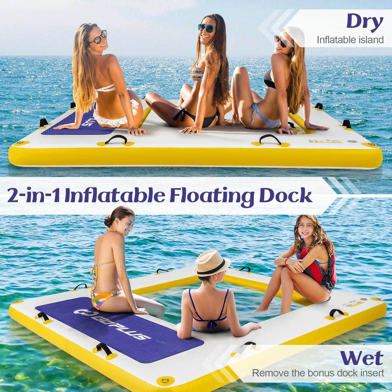 Goplus Inflatable Floating Dock, 8FT x 8FT x 6.5 Inch Thick Swim Dock Platform w/Mesh Swim Area, Non-Slip Pad, Portable Bag, Portable Bag, Water Mat Raft for Lake, Beach, River, Pool