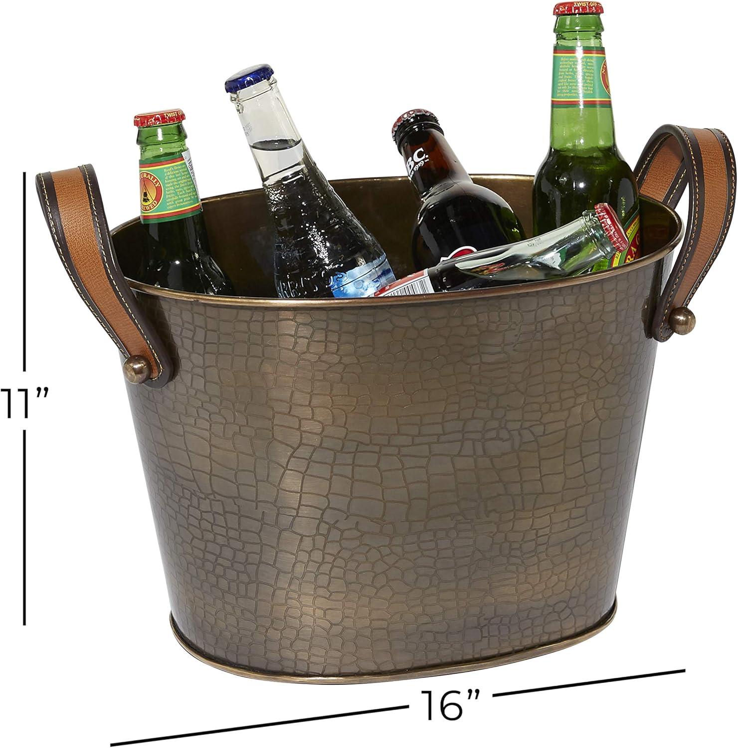 Bronze Metal 6-Bottle Ice Bucket with Leather Handles