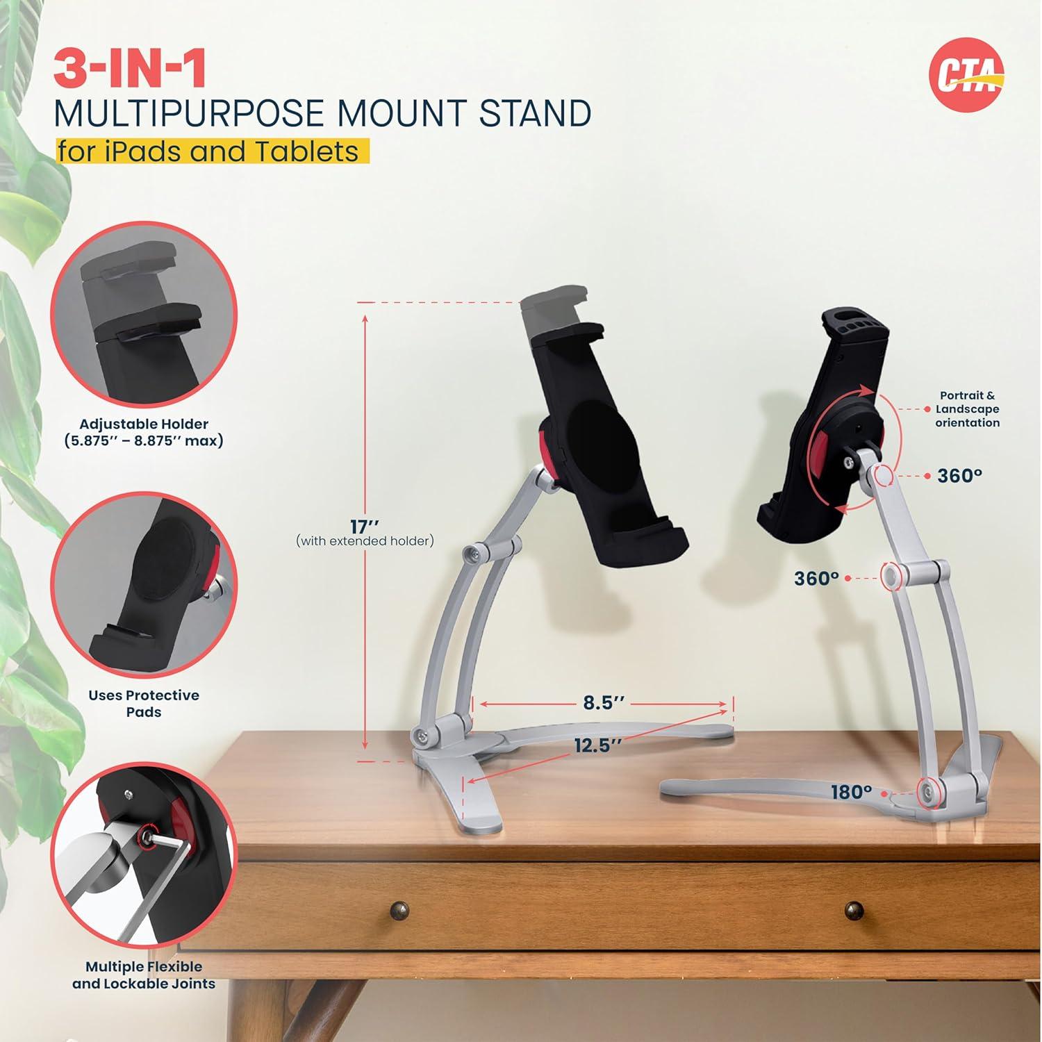 3-in-1 Mount Stand – CTA Multi-Flex Tablet Base and Support Installs on Walls or Folds for iPad 10th Gen 10.9" - 7/8/9 Gen 10.2” - Air 4 - Pro 11” - Galaxy Tab S3 - Silver (PAD-KMSB)