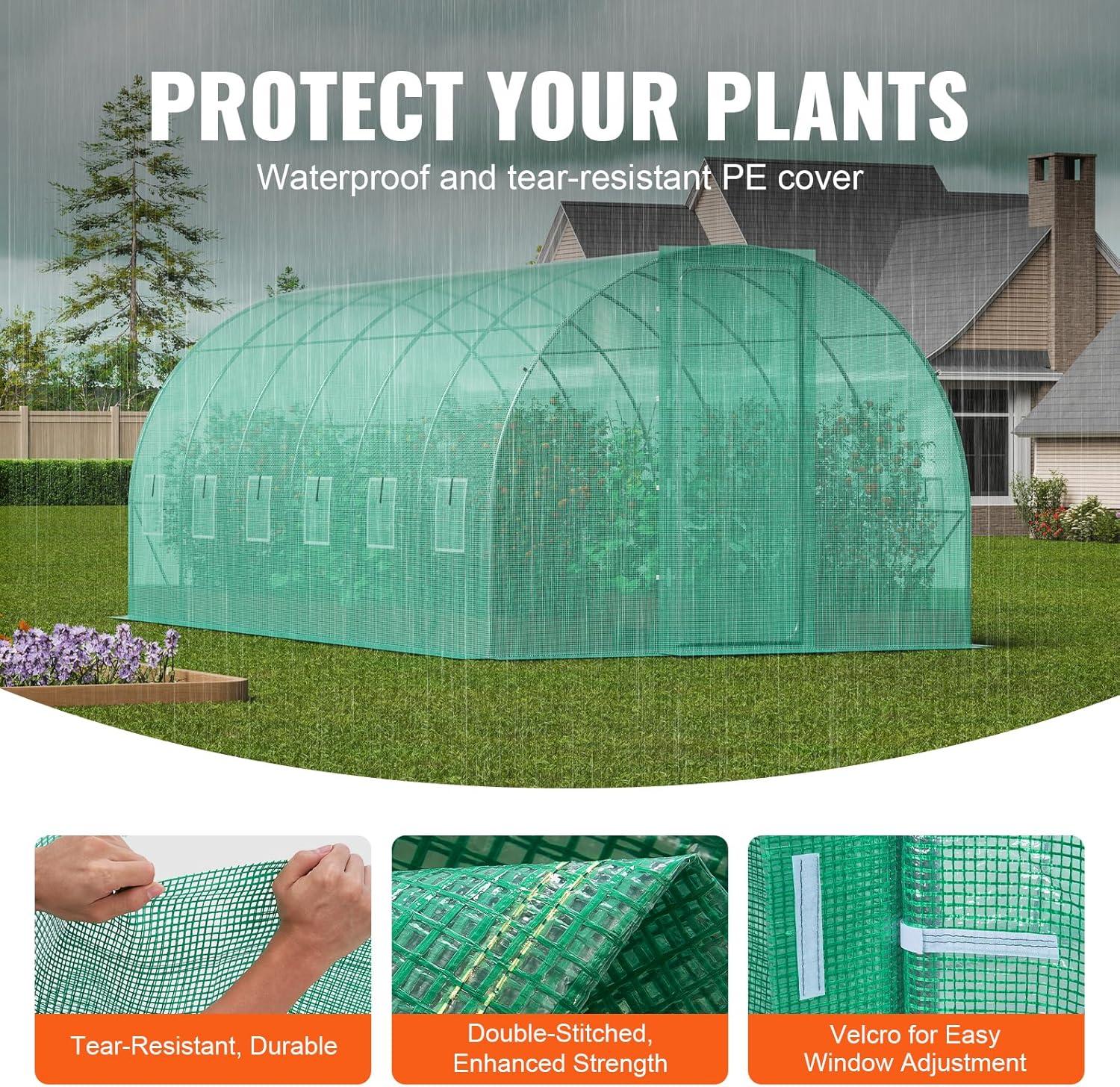 VEVOR Walk-in Tunnel Greenhouse, 27.4x9.5x7.4 ft Hoop House Greenhouse Tunnel, Plant Hot House with Galvanized Steel Frame, Green PE Cover, Swing Door and 16 Roll-up Windows for Outdoor