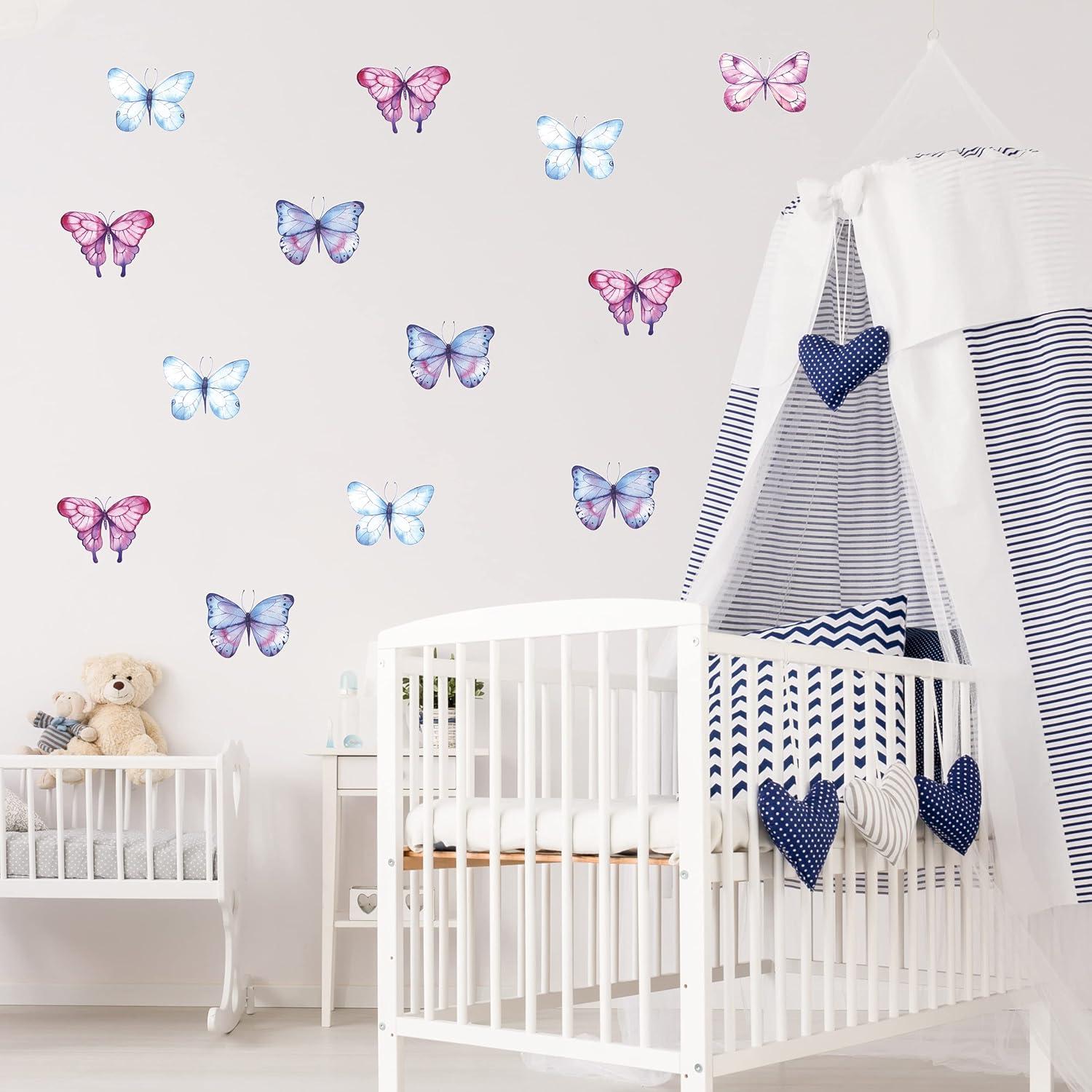 Decalcomania Butterfly Wall Decals - Set of 16 Watercolor Butterflies Wall Stickers for Girls Bedroom Kitchen Bathroom Room Decor Removable Peel and Stick Indoor Décor
