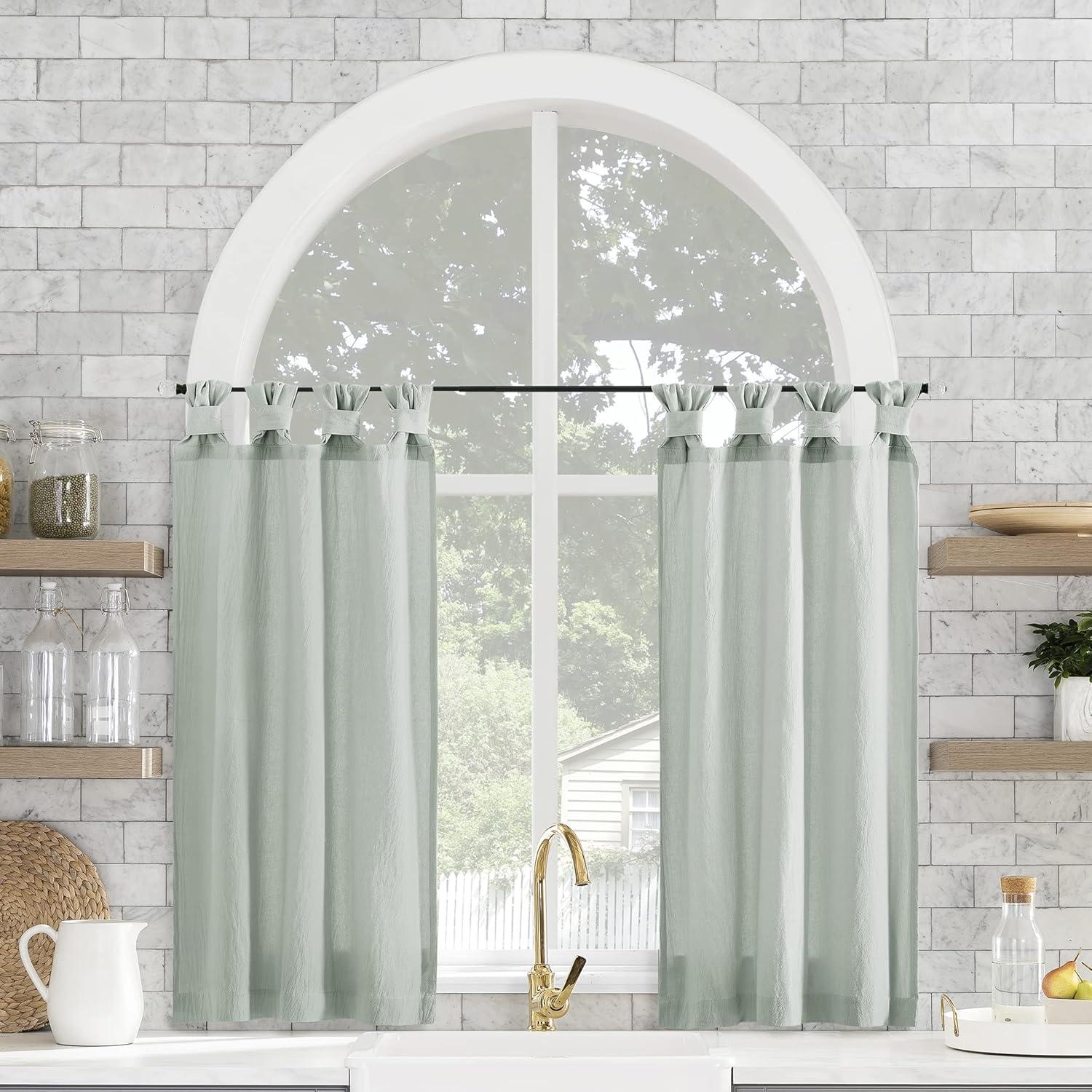 2pc 52"x36" Archaeo Washed Cotton Twist Tab Cafe Curtain Tier Pair Seafoam Green: Kitchen Curtains, 36 Inch Length