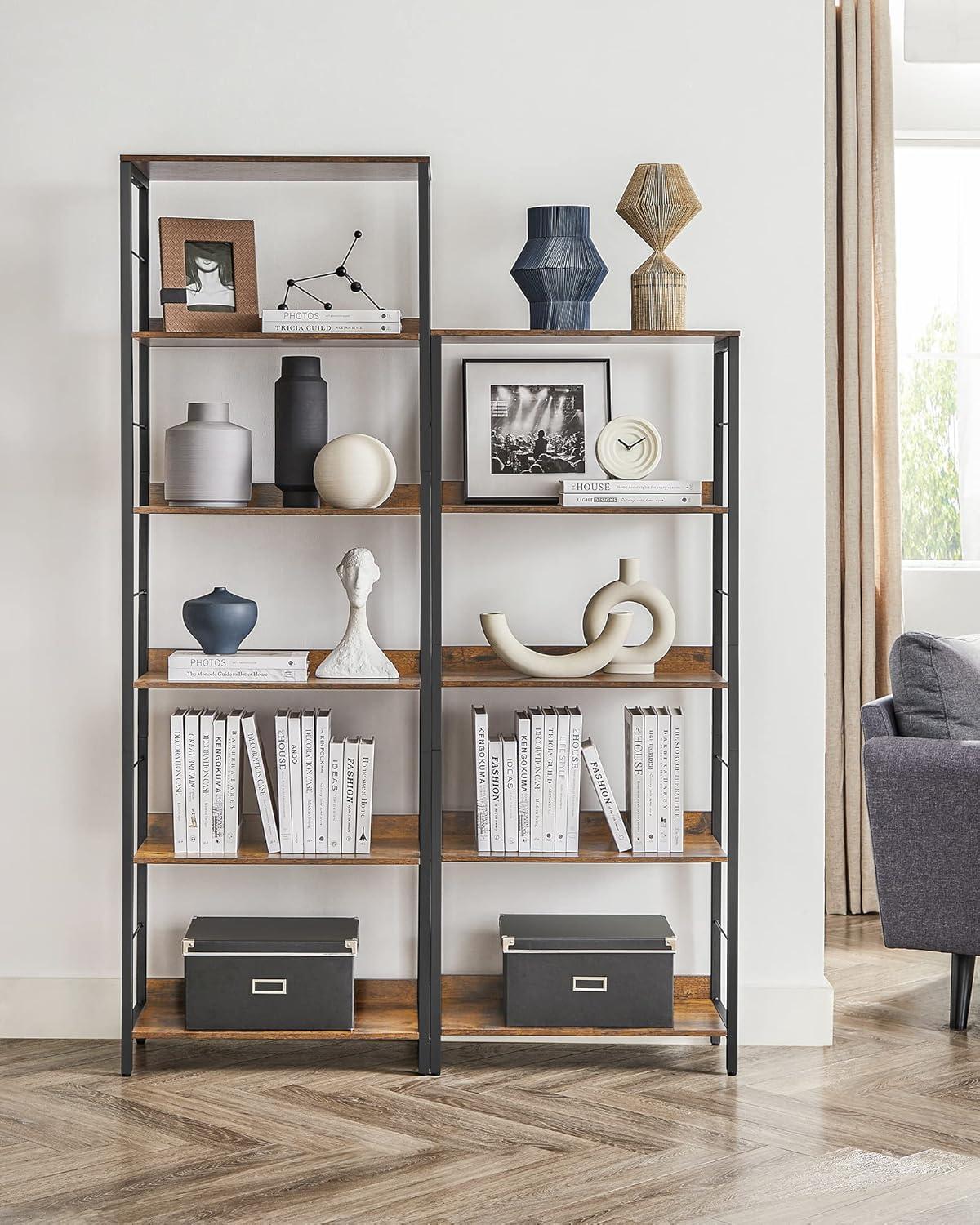 Rustic Brown and Black 6-Tier Industrial Bookshelf