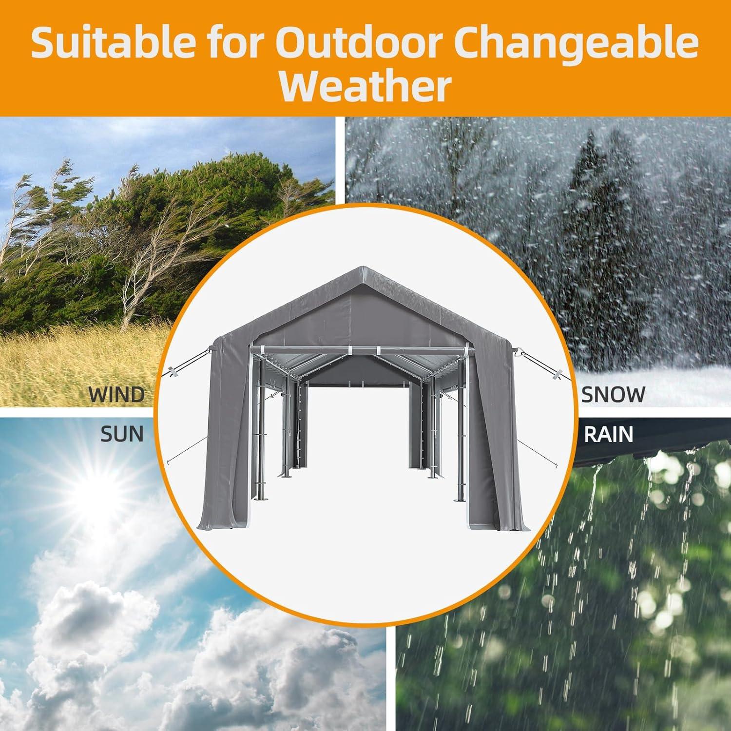 Carport 10'x20' Heavy Duty Carport Canopy Portable Garage 4 Roll-Up Doors & 4 Windows Waterproof All-Season Outdoor Storage Shed for Car Truck Boat, Gray