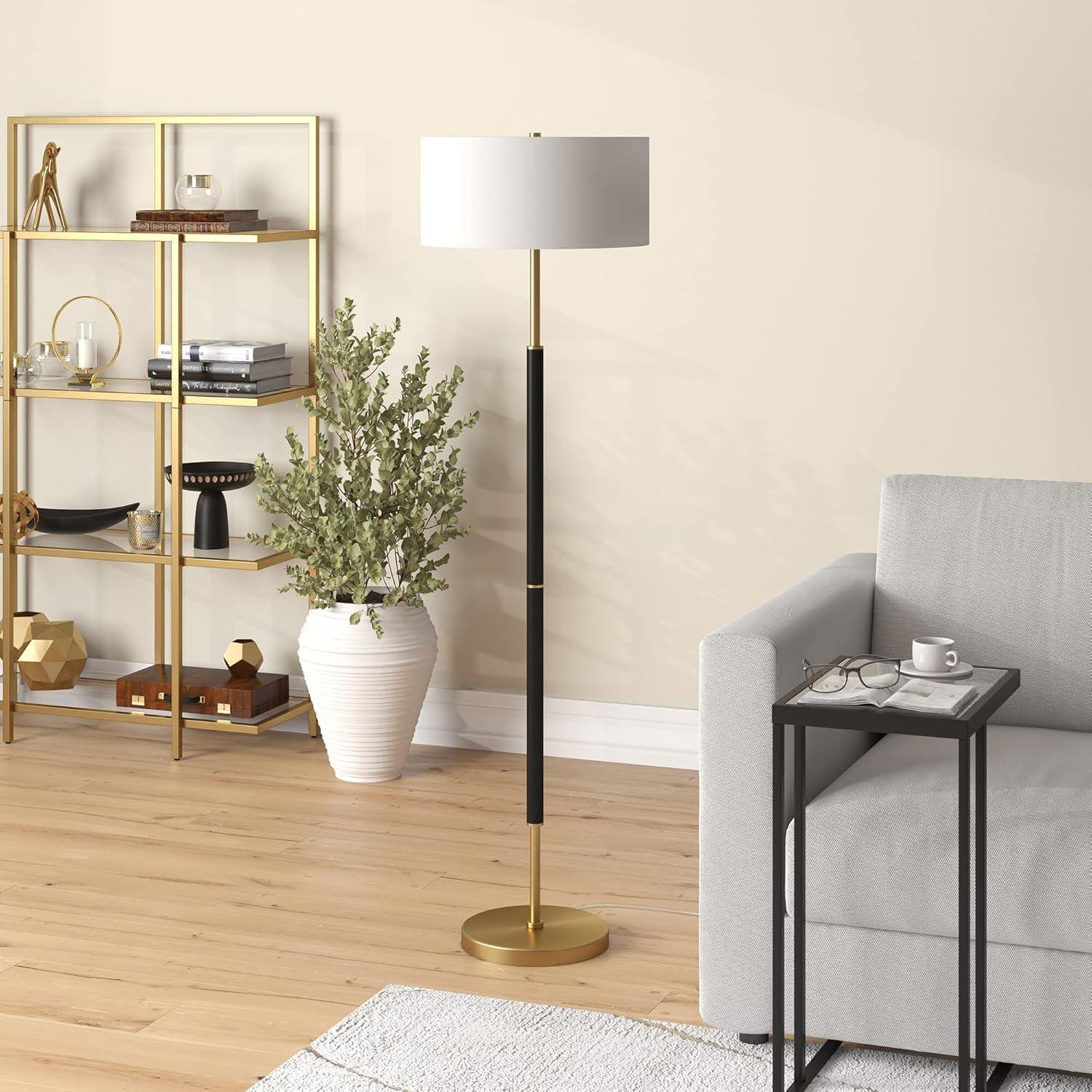 Evelyn&Zoe Simone 2-Light Floor Lamp with Fabric Shade, Matte Black/Brass/White