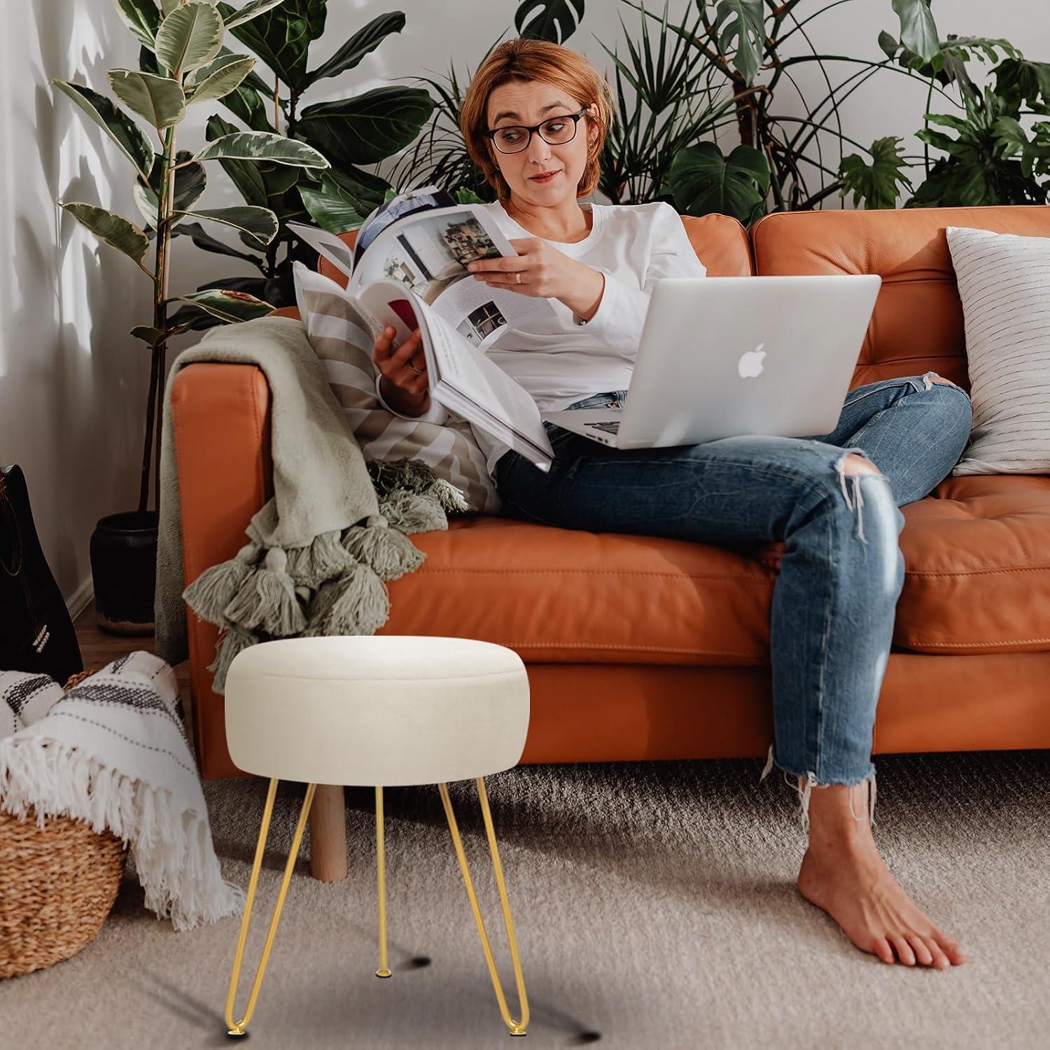 GERANT Multifunctional Vanity Stools - Velvet Round Ottoman Modern Dressing Stool -Upholstered Footrest Stool - Side Table Footstool with Golden Metal Leg for Living Room, Bedroom(Beige)