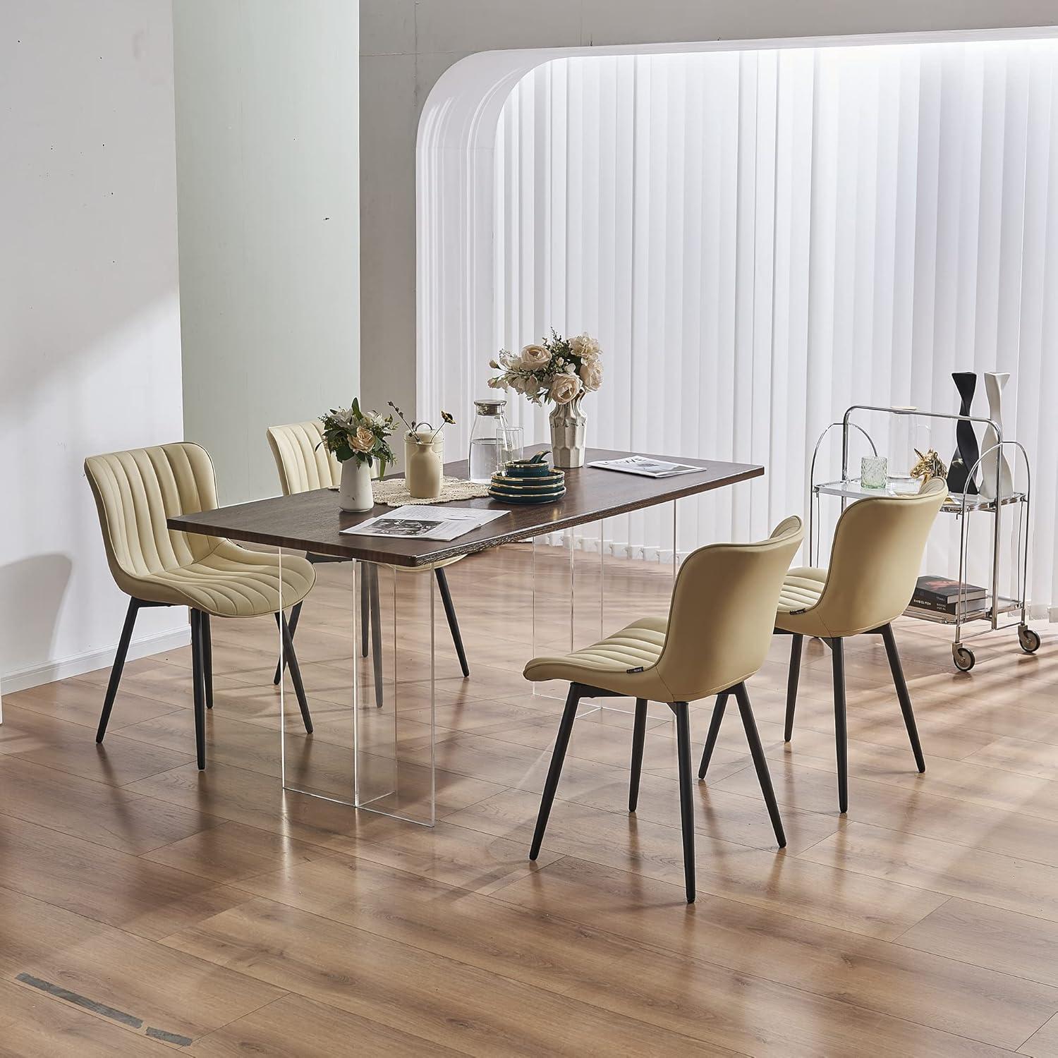 Beige Faux Leather Upholstered Dining Chairs with Metal Legs