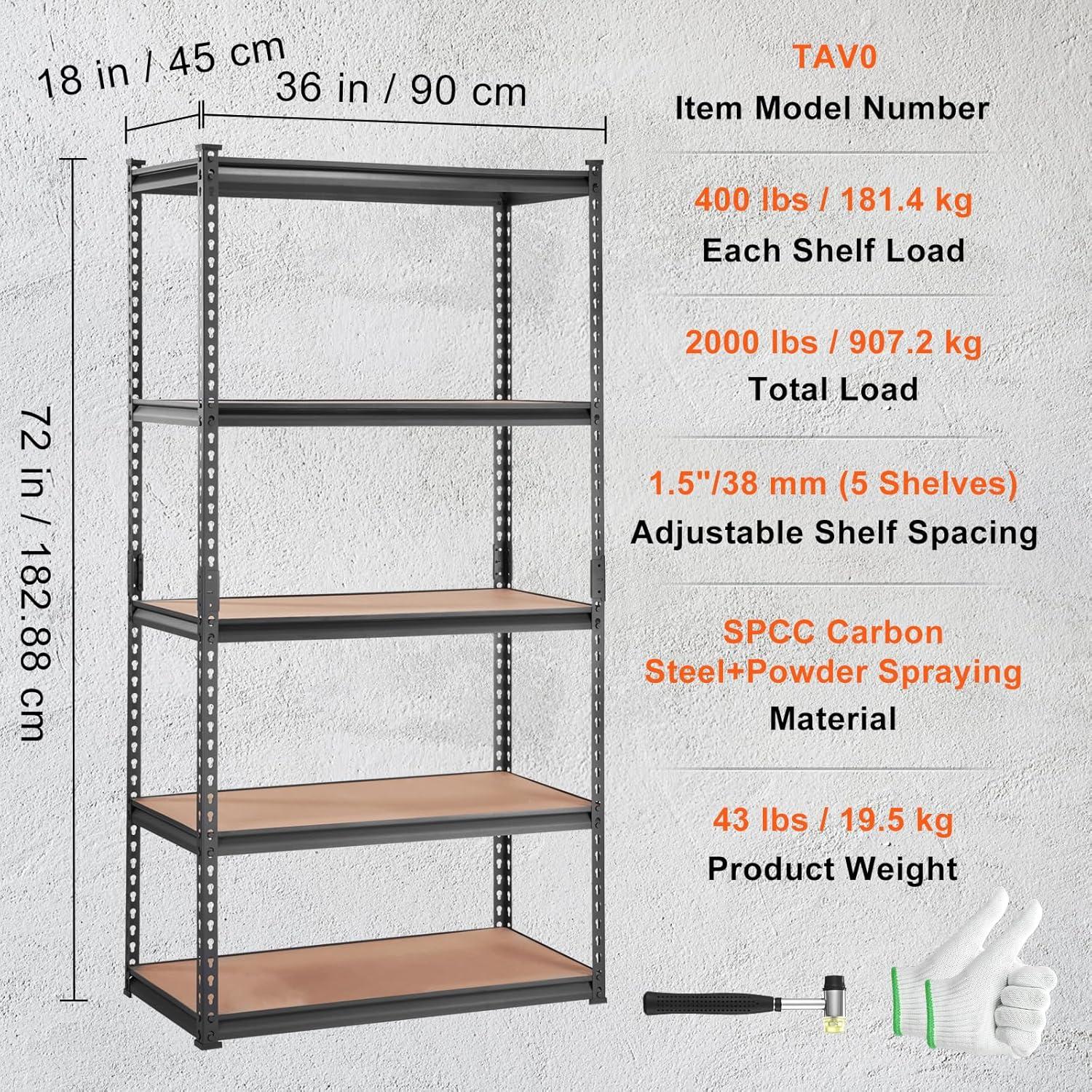 VEVOR Storage Shelving Unit, 5-Tier Adjustable 2000 lbs Capacity Heavy Duty Garage Shelves 36" L x 18" W x 72" H