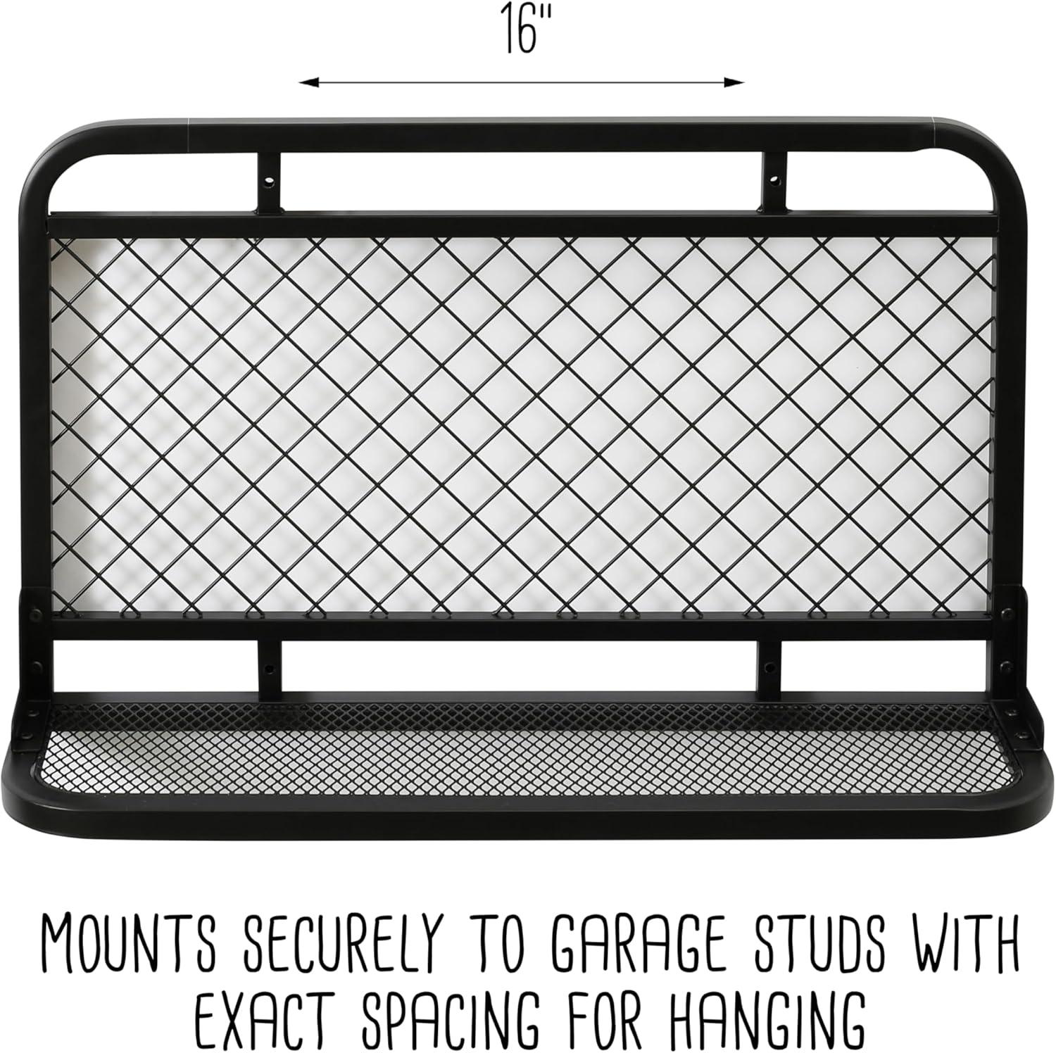 Honey-Can-Do Wall-Mounted Steel Reversible Garage Grid Shelf with Hooks, Black, Holds up to 60 lb per Shelf