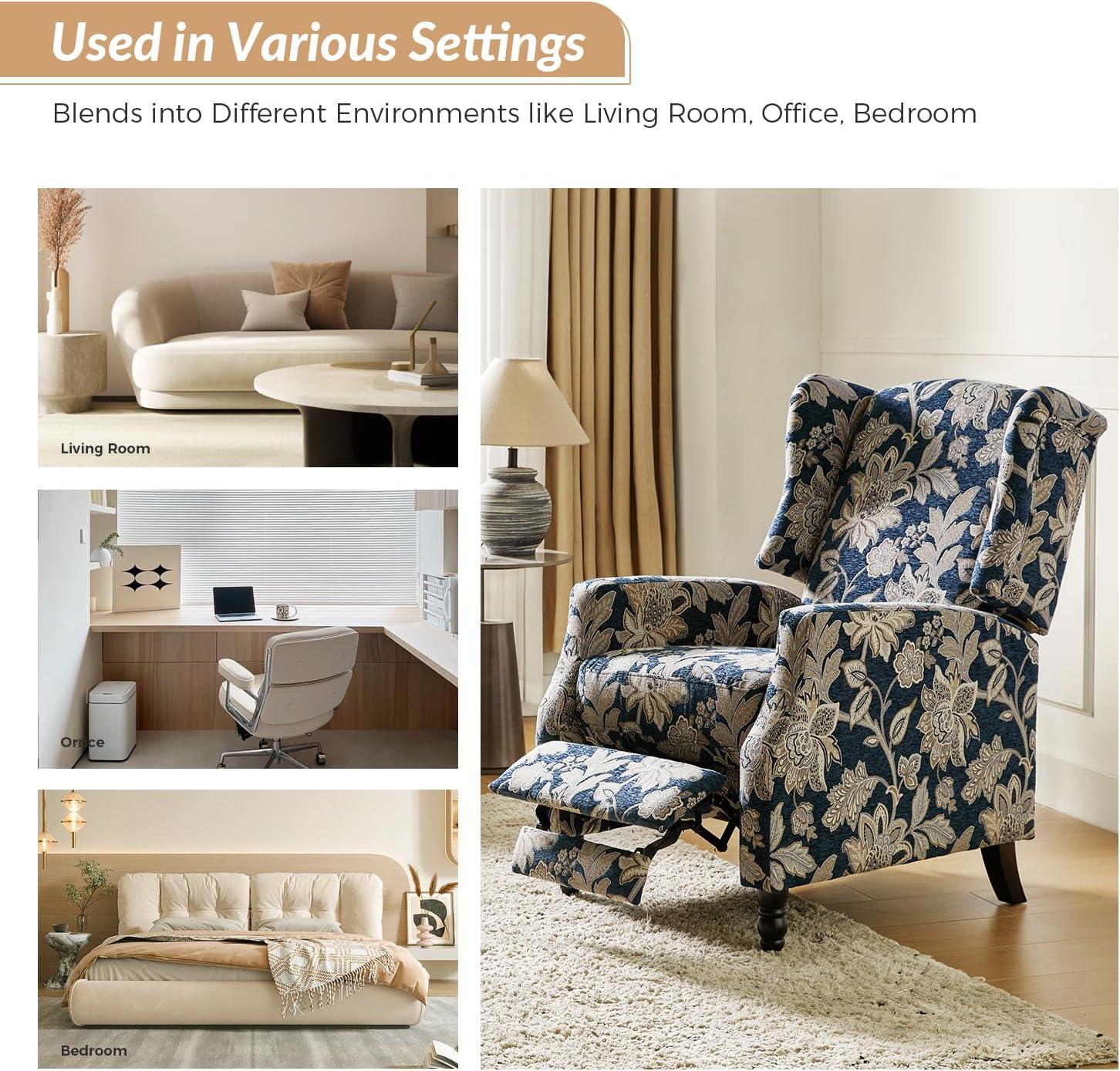 Recliners Push Back Accent Chairs Set of 2 Wingback Manual Fabric Upholstered Armchairs Sofa Home Theater Couches Garden