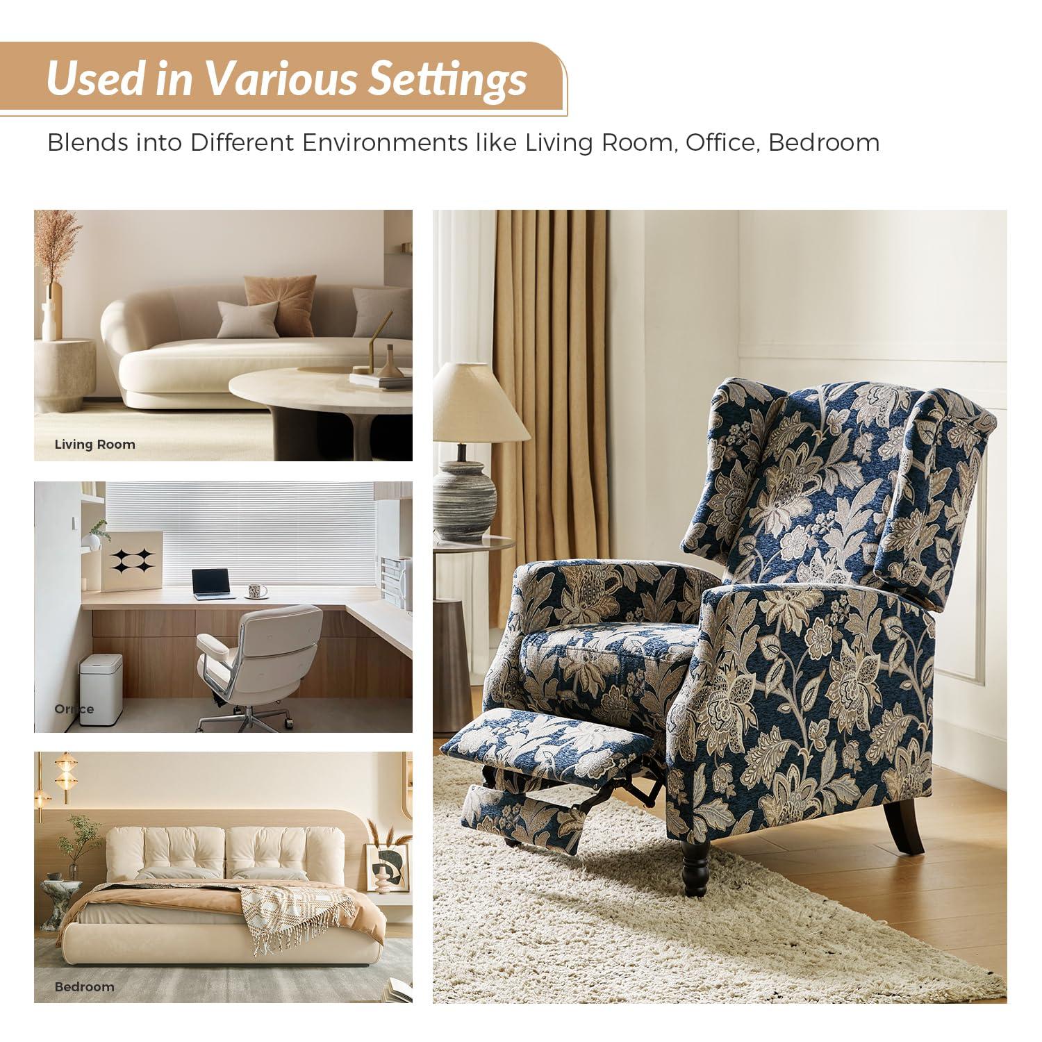 Push Back Recliner Chair Set of 2 Wingback Manual Fabric Upholstered Home Theater Couches Garden