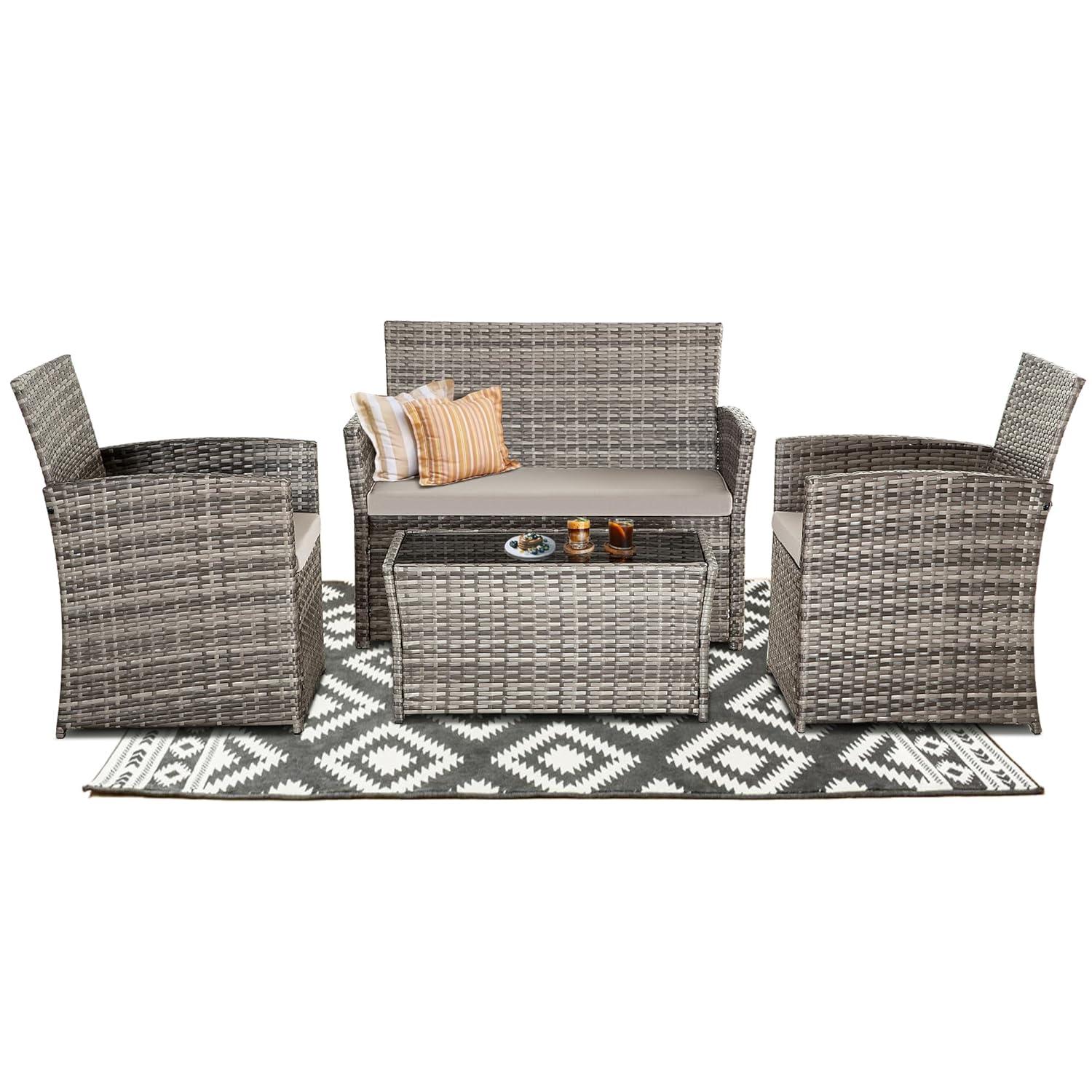 4 Piece Patio Furniture Set,Outdoor Wicker Conversation Sets,Rattan Sectional Sofa w/Coffee Table,Seat Cushions for Backyard Porch Garden Poolside (Gray/Gray)