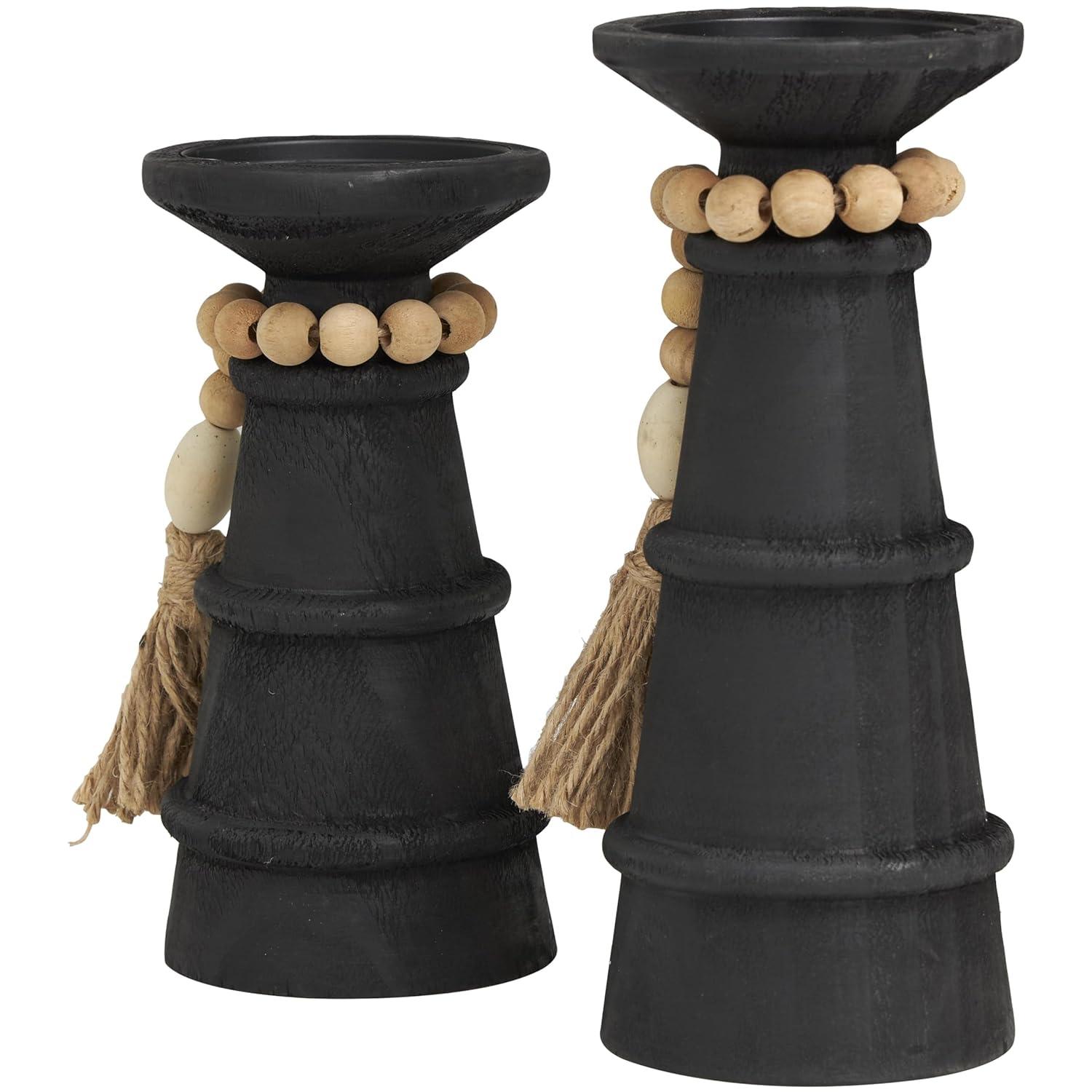 DecMode 2-Slot Brown Wood Tealight Hurricane Lamp, Set of 2