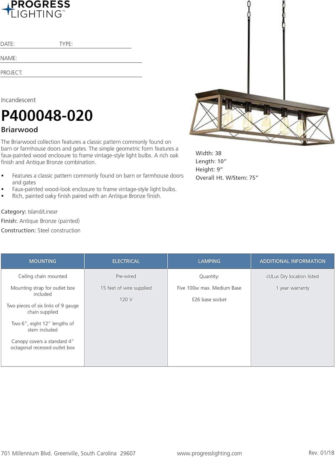 Progress Lighting Briarwood 5-Light Linear Chandelier, Antique Bronze, Faux-Painted Wood Enclosure
