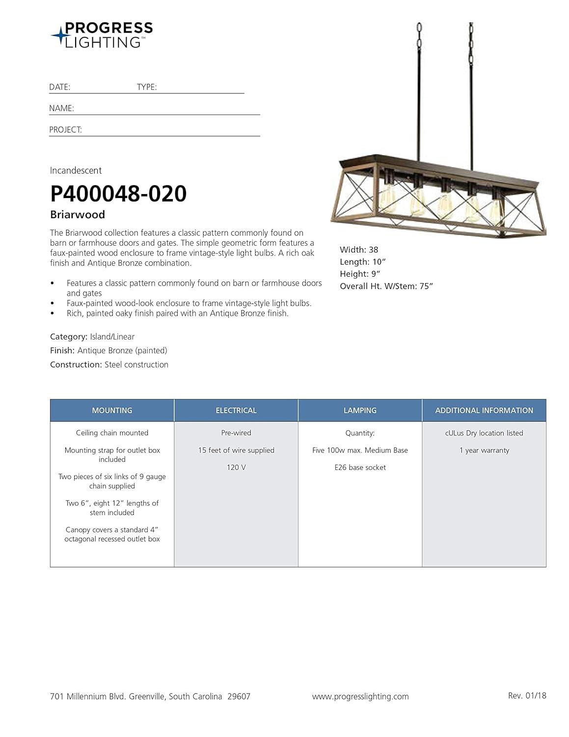 Progress Lighting Briarwood 5-Light Linear Chandelier, Antique Bronze, Faux-Painted Wood Enclosure