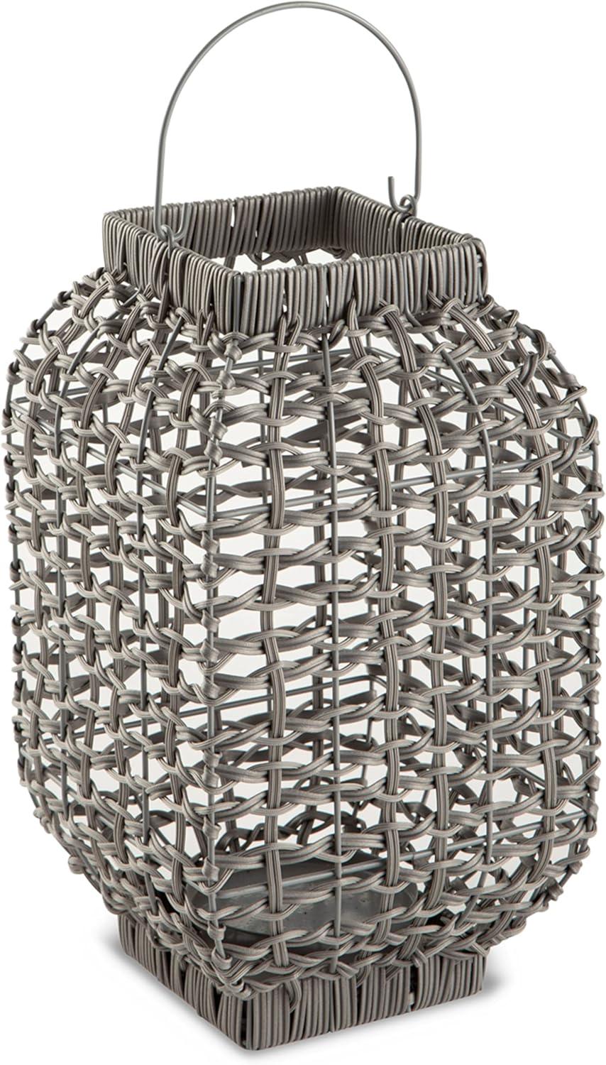 Gray Faux Rattan 14" Indoor/Outdoor Candle Lantern