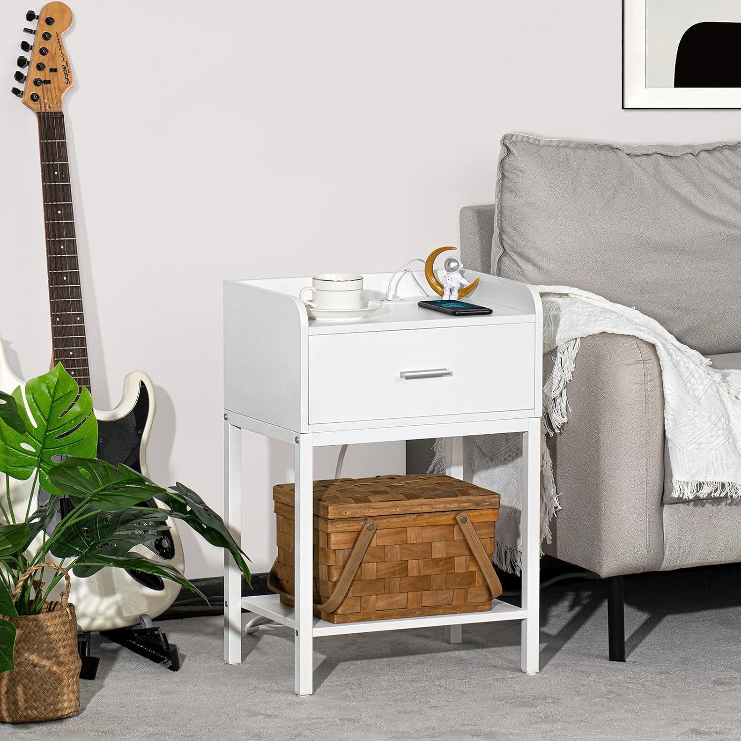 YAHARBO White Nightstand Set of 2 with Charging Station, Small Bedside Table with USB Ports and Power Outlets, Modern End Side Tables with Drawer, Night Stand for Bedroom, Office, Small Space