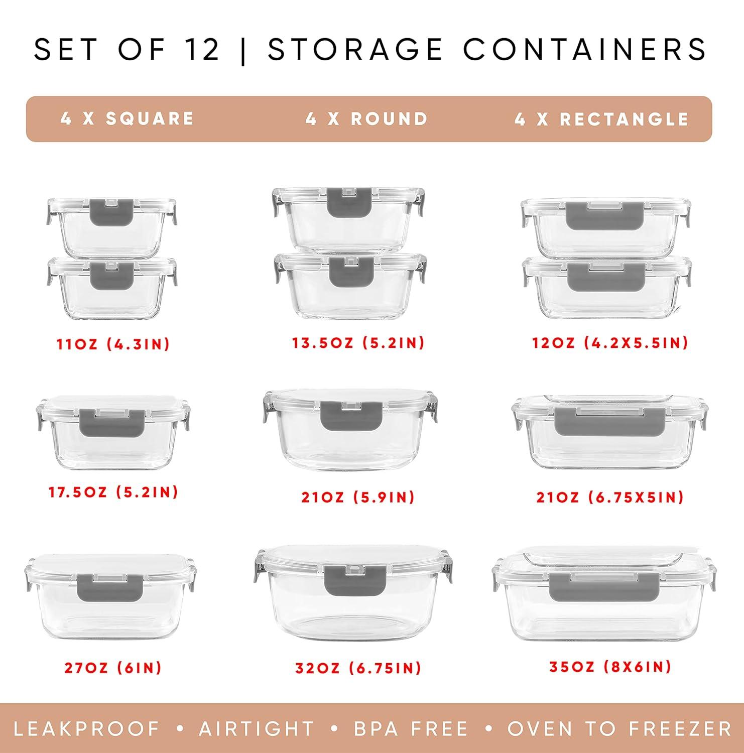 JoyJolt JoyJolt 24-Piece Glass Food Storage Container Set with Leakproof Lids, Light Grey (Set of 5)