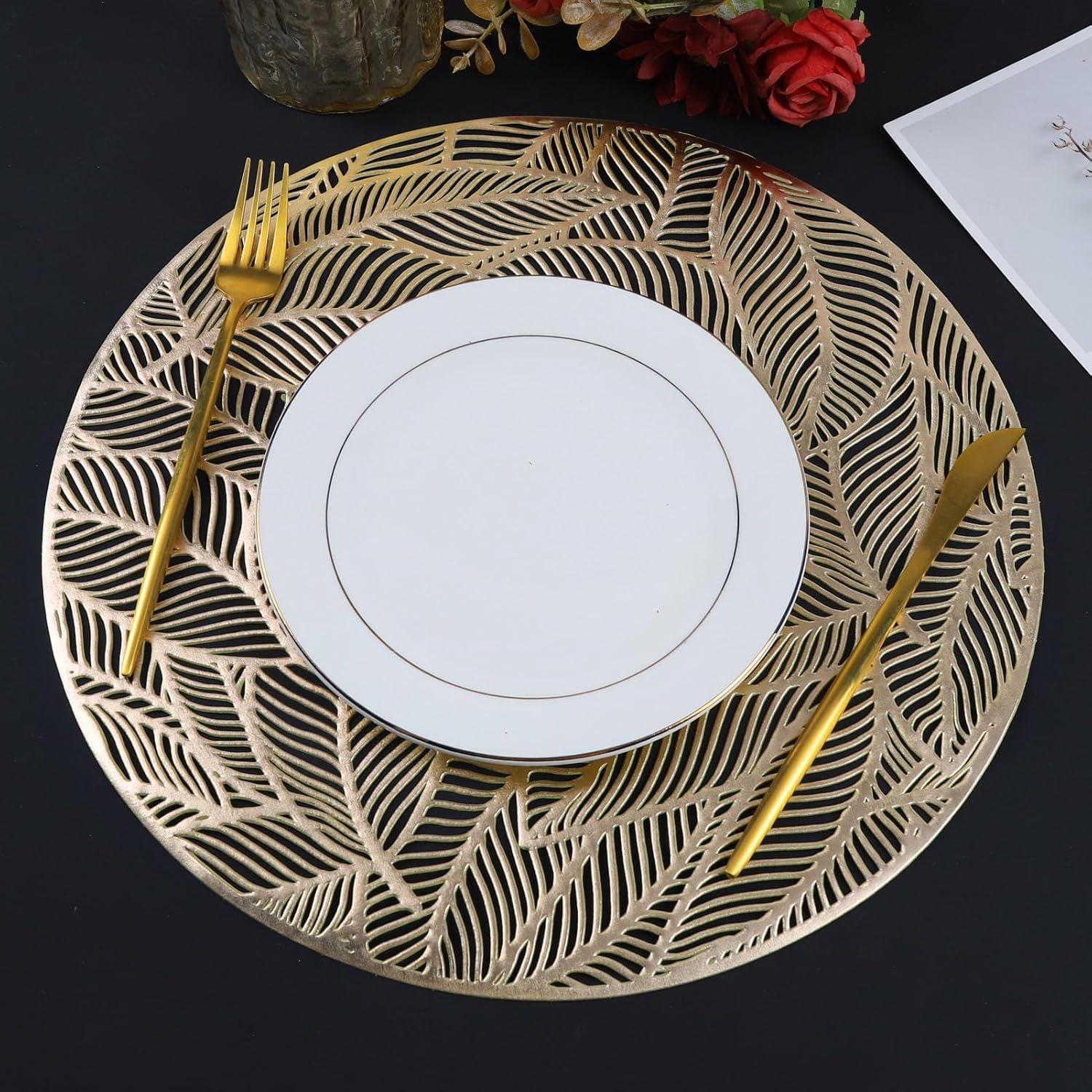 Gold Round Hollowed-Out Leaf Vinyl Placemats Set of 6