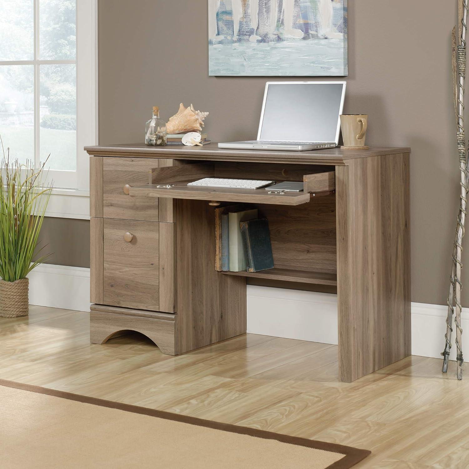 Salt Oak Wood Computer Desk with Drawers and Keyboard Tray