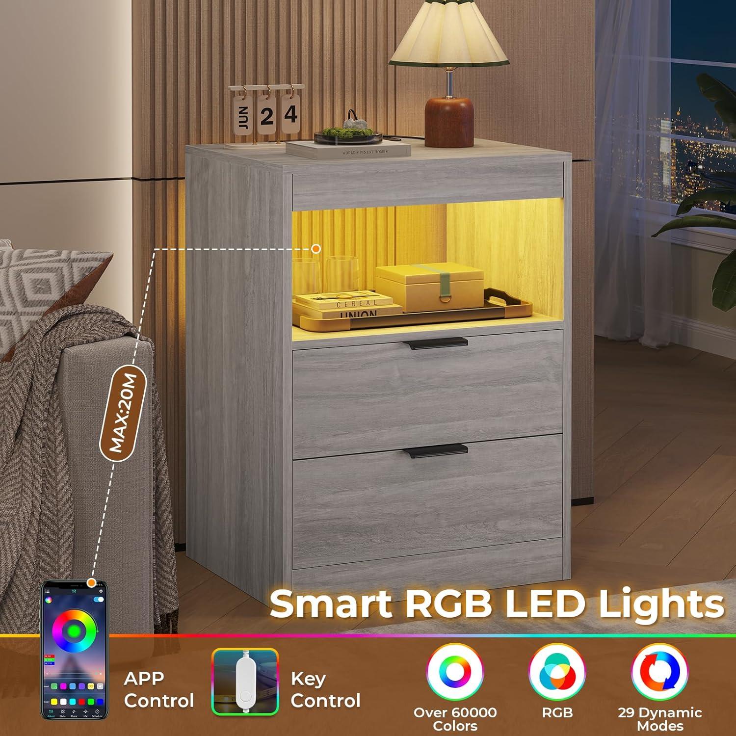 Exlonjet Black Nightstand with Wireless Charging Station and LED Lights, Bedside Table with 2 Drawers, Open Storage, 1 Pull-Out Tray, End Side Table with Charging Station, LED Night Stand with Storage