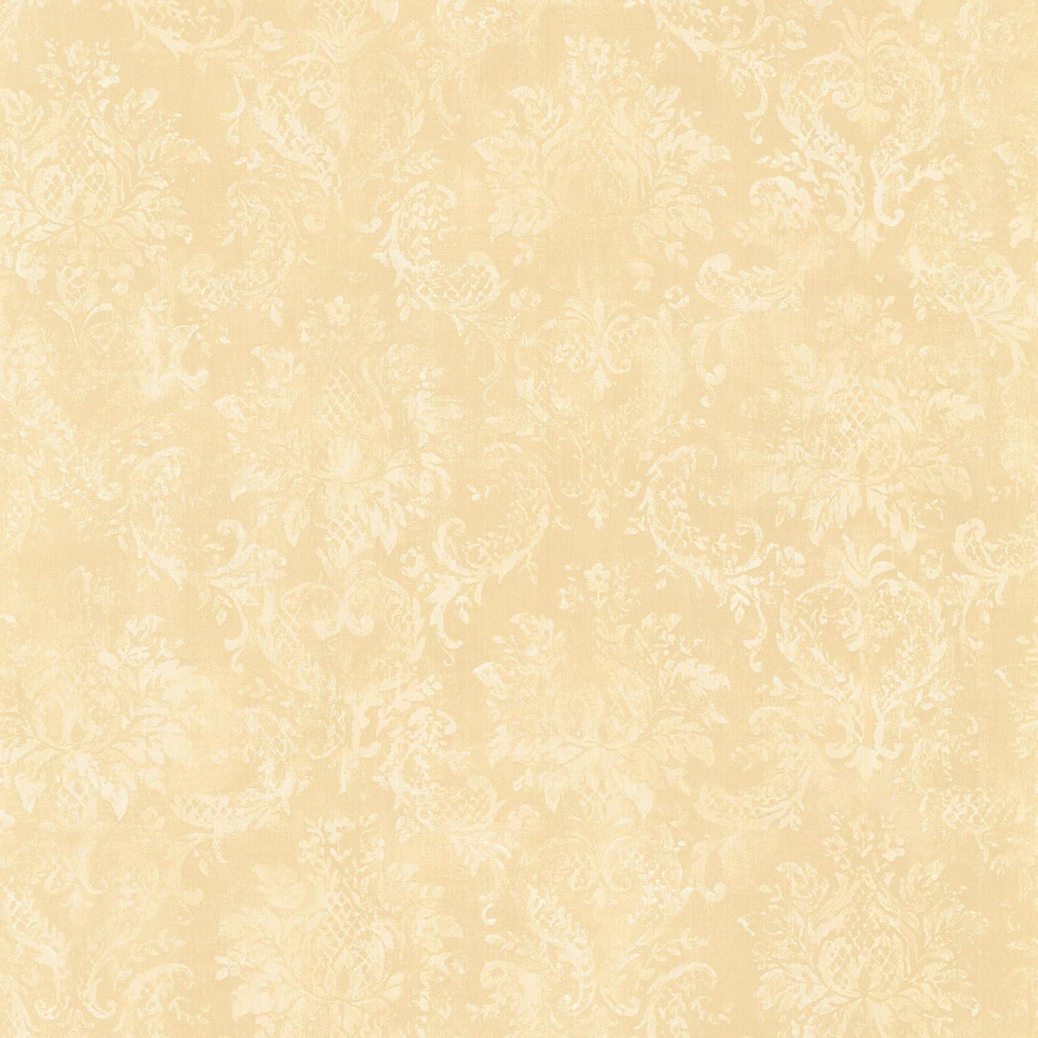 Cream and Peach Damask Pre-pasted Vinyl Wallpaper