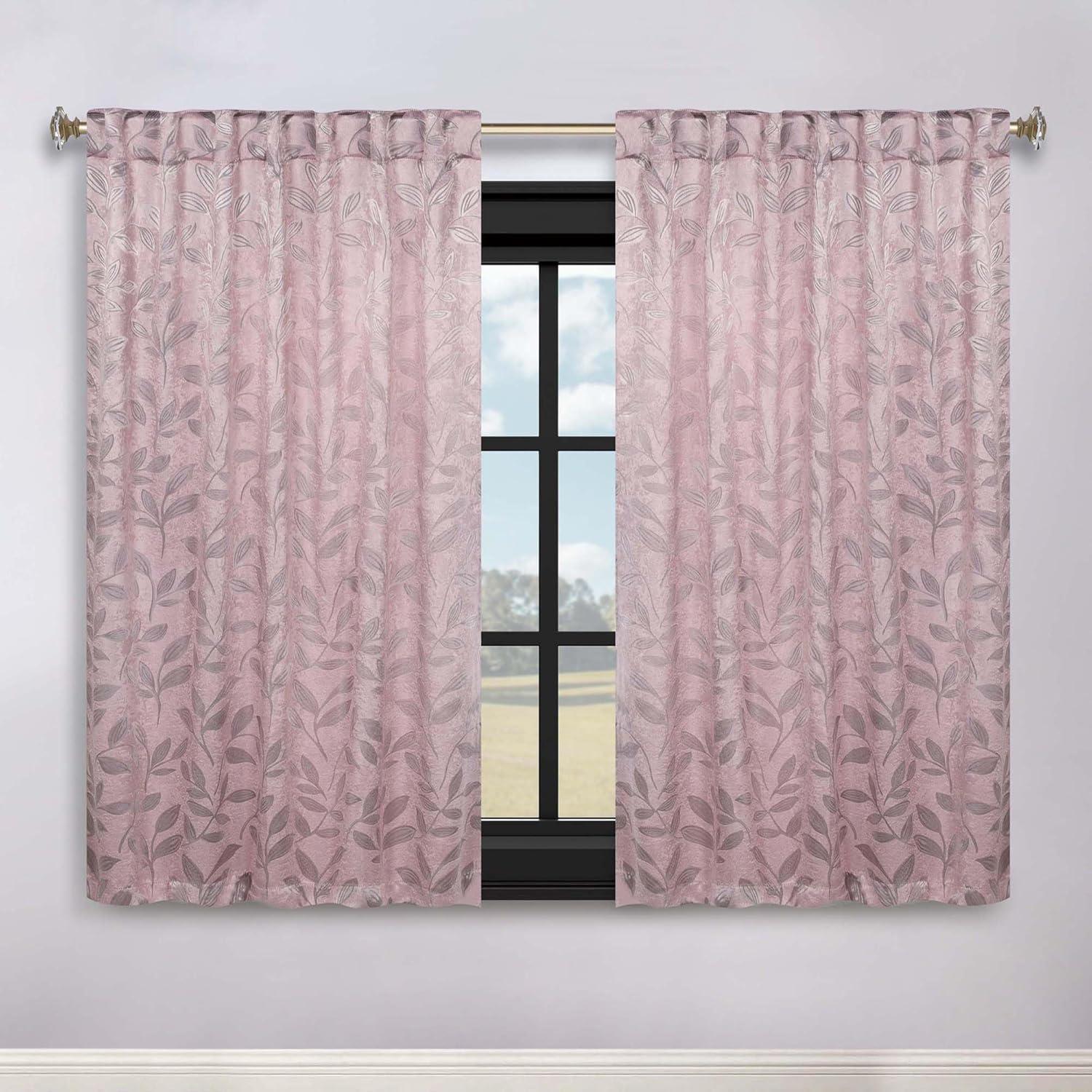 Superior Leaves Blackout Back Tab Curtains, Set of 2, 52" x 63", Blush