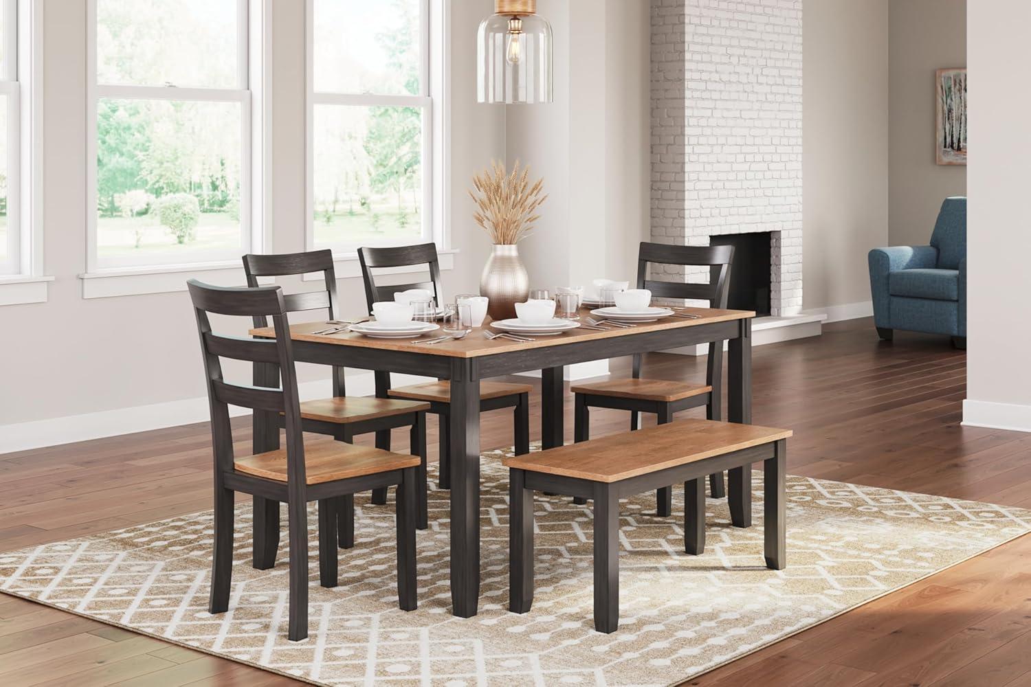 Transitional Light and Dark Brown Rectangular Dining Table Set with Bench