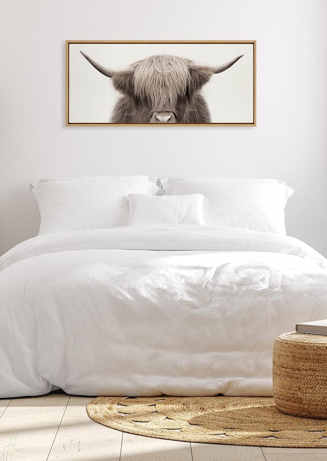 Kate and Laurel Sylvie Hey Dude Highland Cow Color Framed Canvas by The Creative Bunch Studio, 18x40, Natural