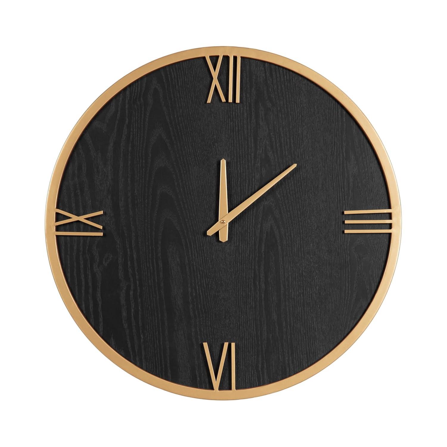 Kate and Laurel Pronte Modern Round Wood and Metal Wall Clock, 22 Inch Diameter, Black and Gold, Decorative Minimal Clock for Bedroom, Entryway, or Living Room Decor
