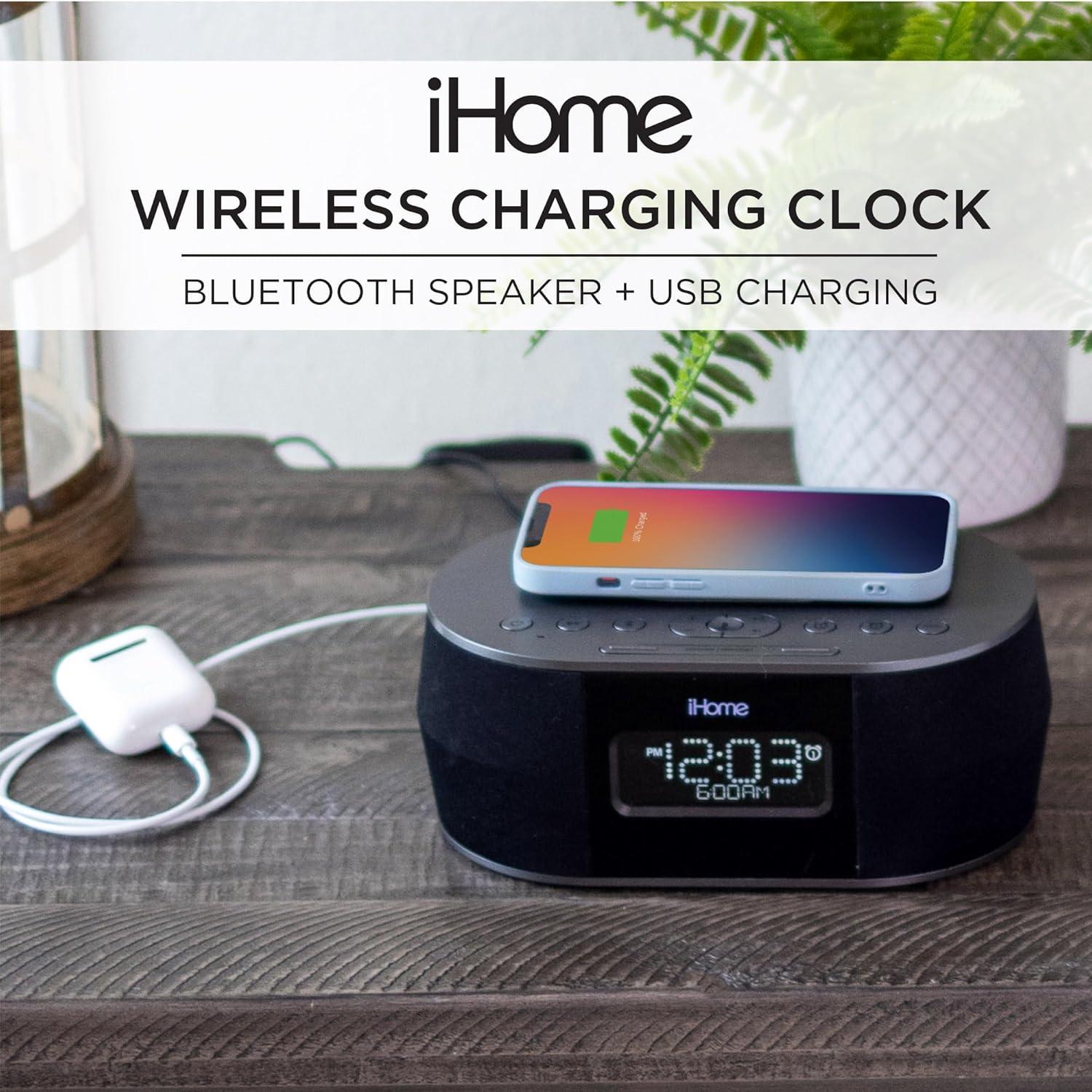 iHome Wireless Charging Alarm Clock with Bluetooth Speaker and USB Charging - (iBTW38B8)