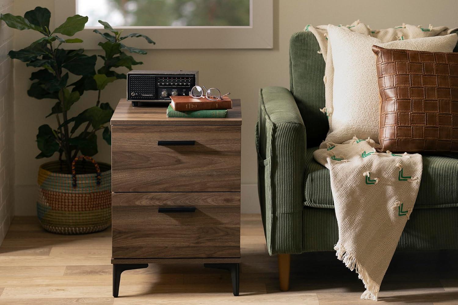 Natural Walnut 2-Drawer Side Table with Metal Legs