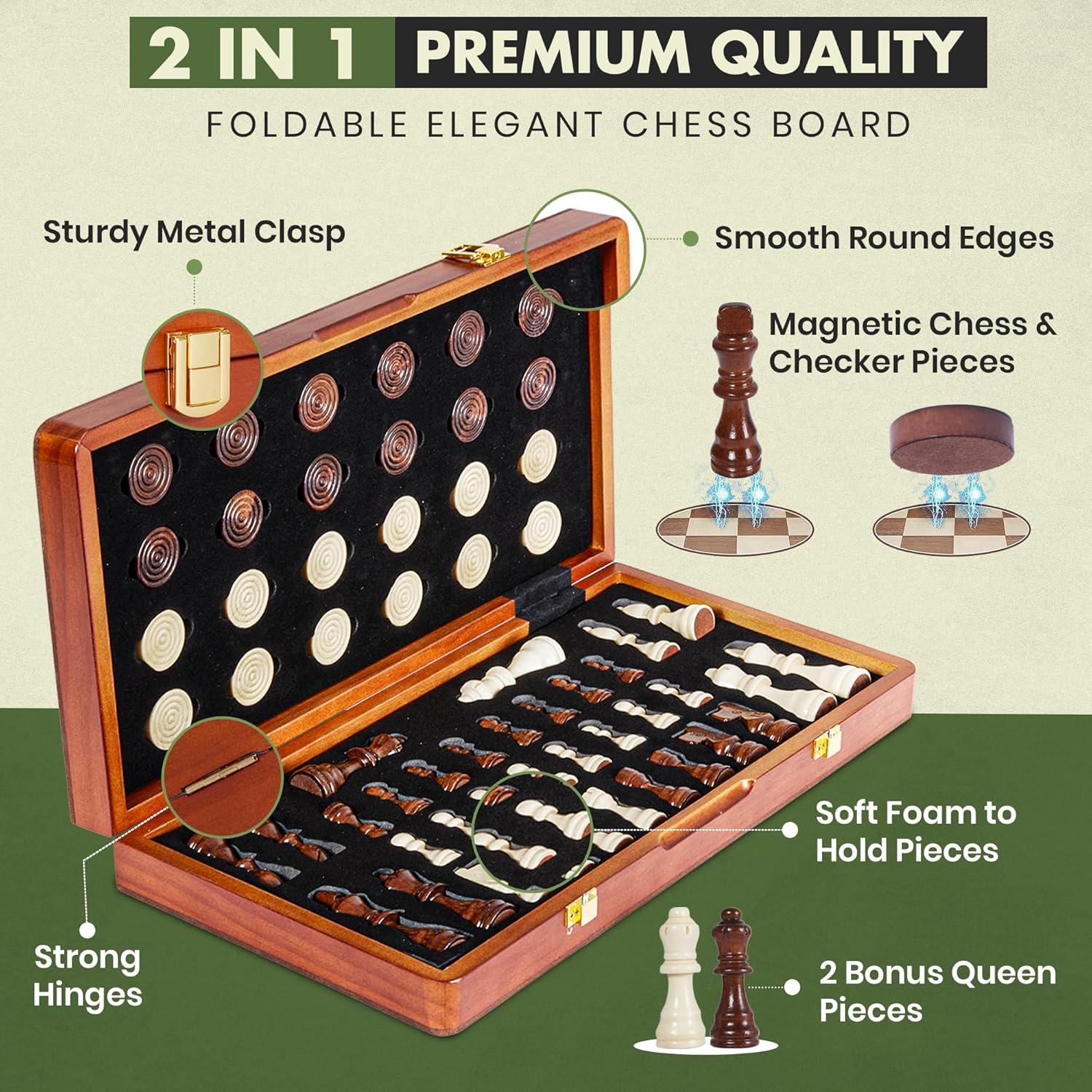 KiddiTouch 15 inch Magnetic Wooden Chess Set 2 in 1 Folding Chess Board Travel Chess Games for Adults and Kids