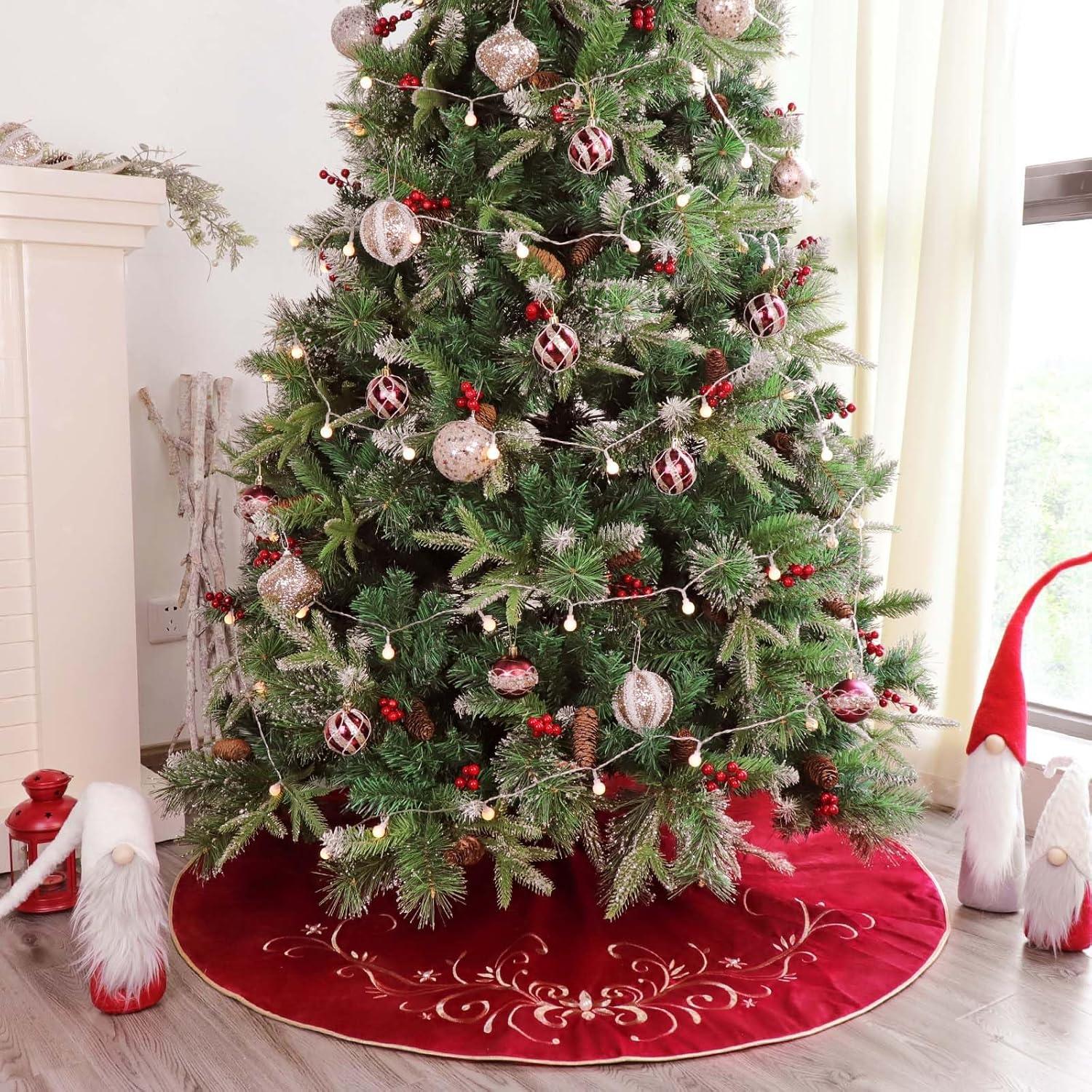 Red Velvet Fur 48'' Christmas Tree Skirt with White Trim